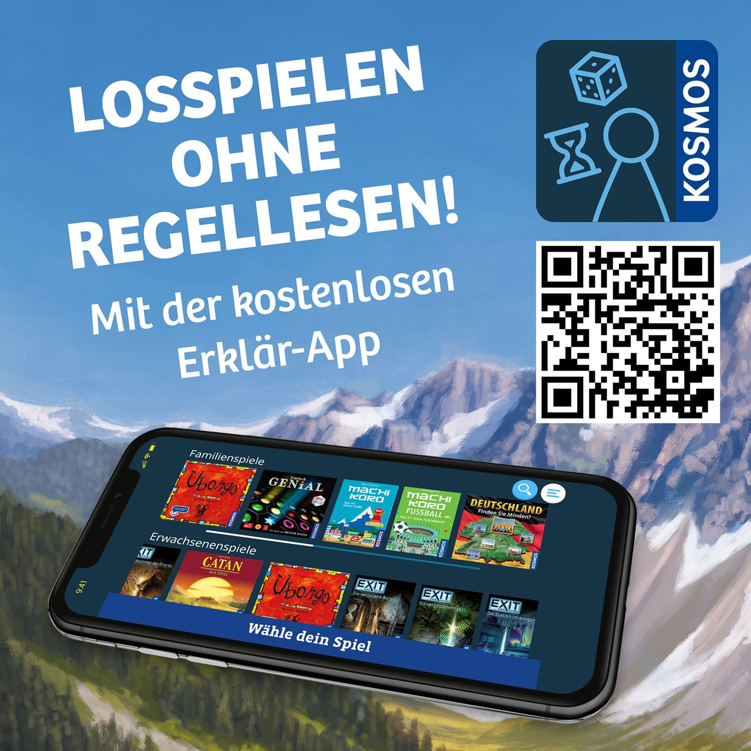 Uno smartphone che mostra un'app di gioco. L'app ha varie opzioni di gioco. Sono visibili anche un codice QR e un'icona di dadi.