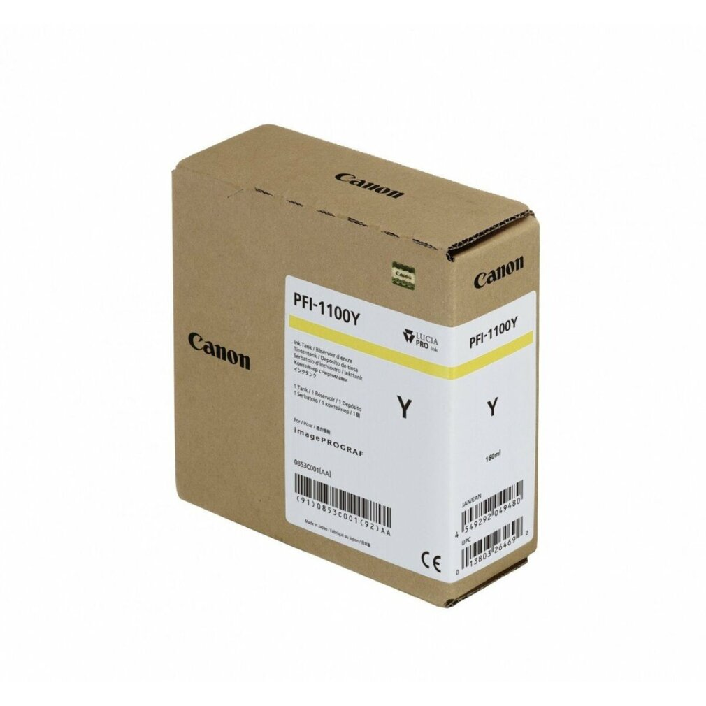 A Canon ink cartridge box. The box is brown with Canon branding and details the ink type PFI-1100Y. The ink is yellow.