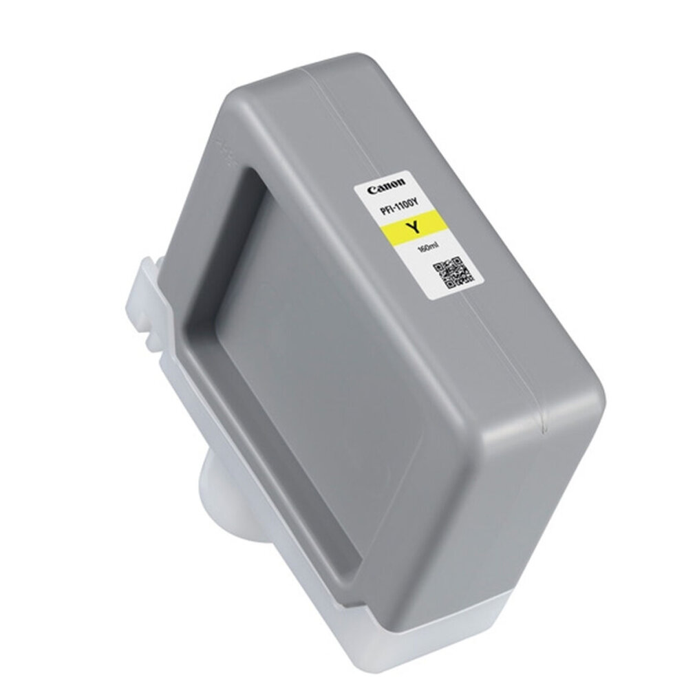 A gray Canon ink cartridge. The cartridge is rectangular and has a yellow label. The label says PFI-1100Y, and Y is on it.