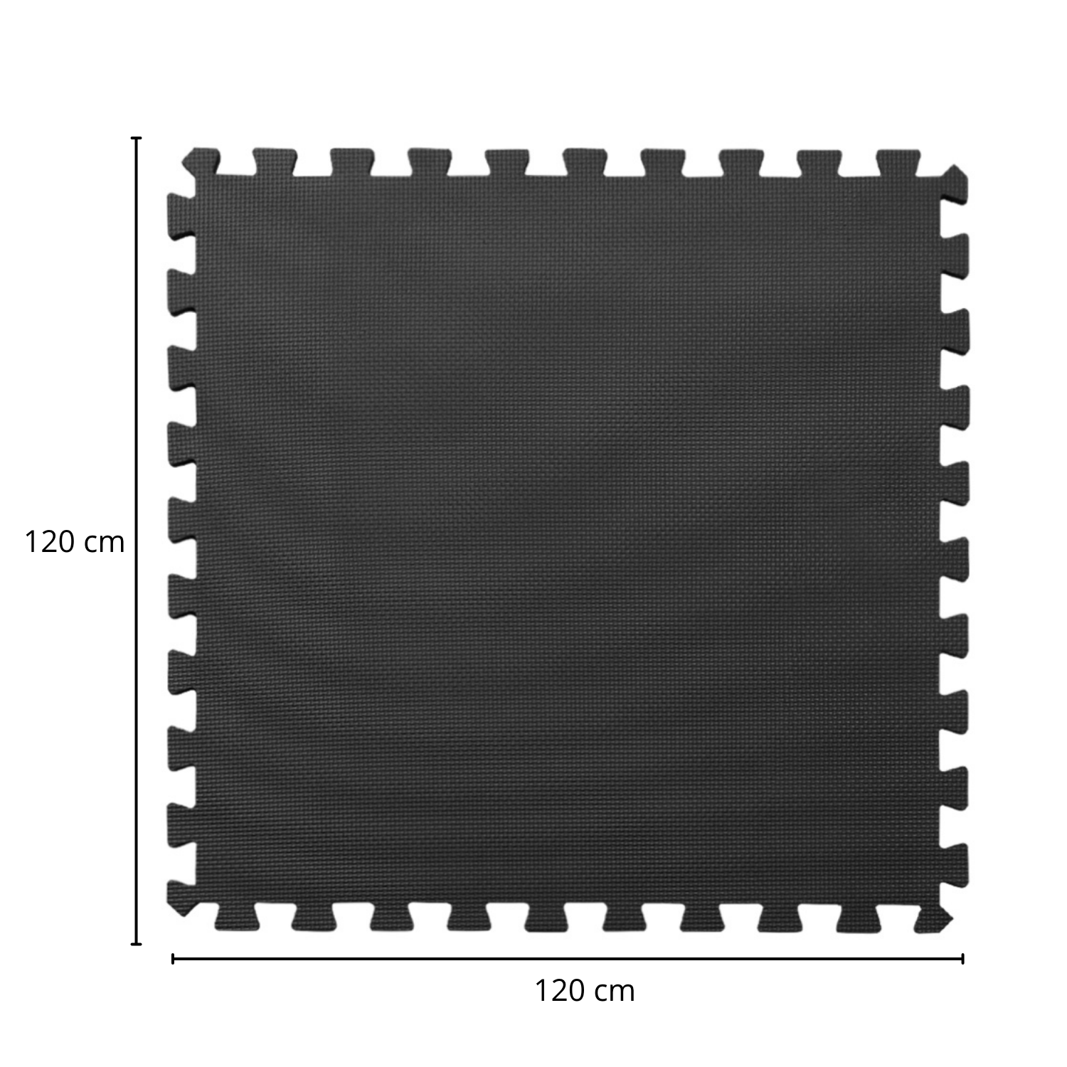 A black foam mat with dimensions 120cm x 120cm. The mat has interlocking edges.