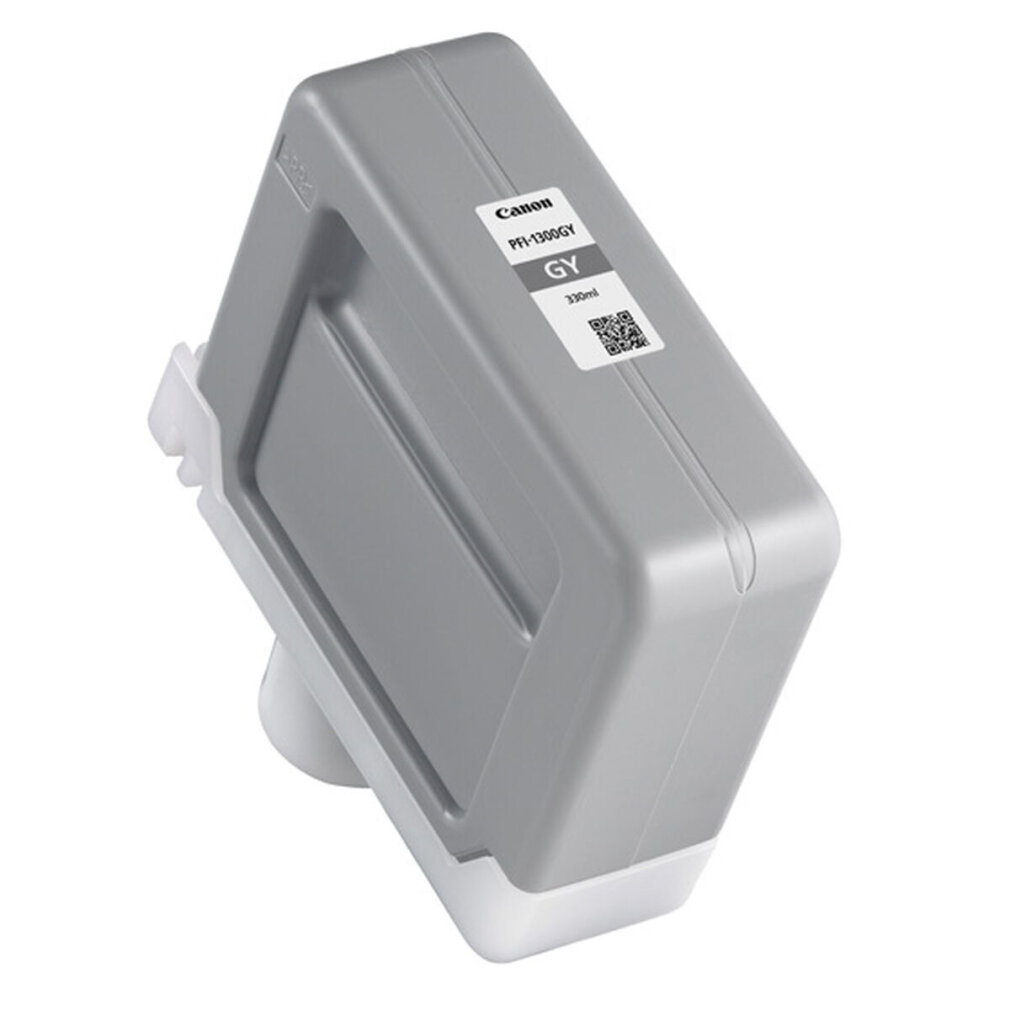 Een grijze Canon inktcartridge. De cartridge is rechthoekig en heeft een wit label. Het label zegt PFI-1300GY en GY staat erop.