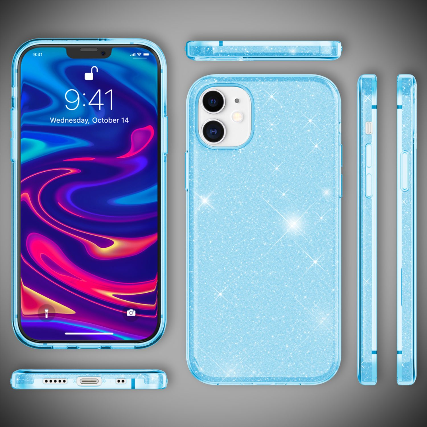 Múltiples vistas de una funda de teléfono con una parte trasera azul brillante y una pantalla de teléfono que muestra una aplicación.