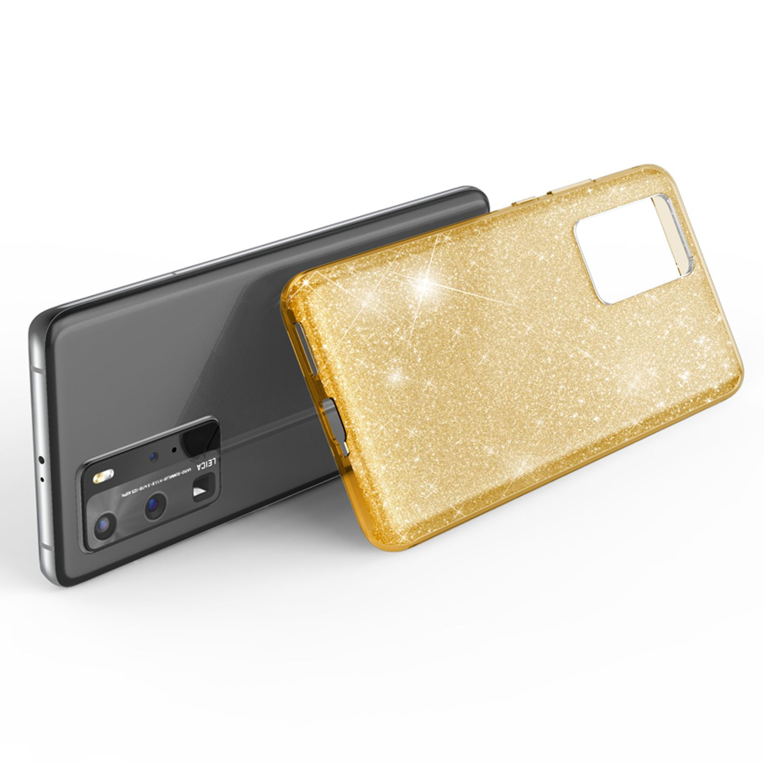 Zwei Telefone, eines mit schwarzer Rückseite und goldener Glitzerrückseite, lehnen aneinander auf einer Oberfläche.