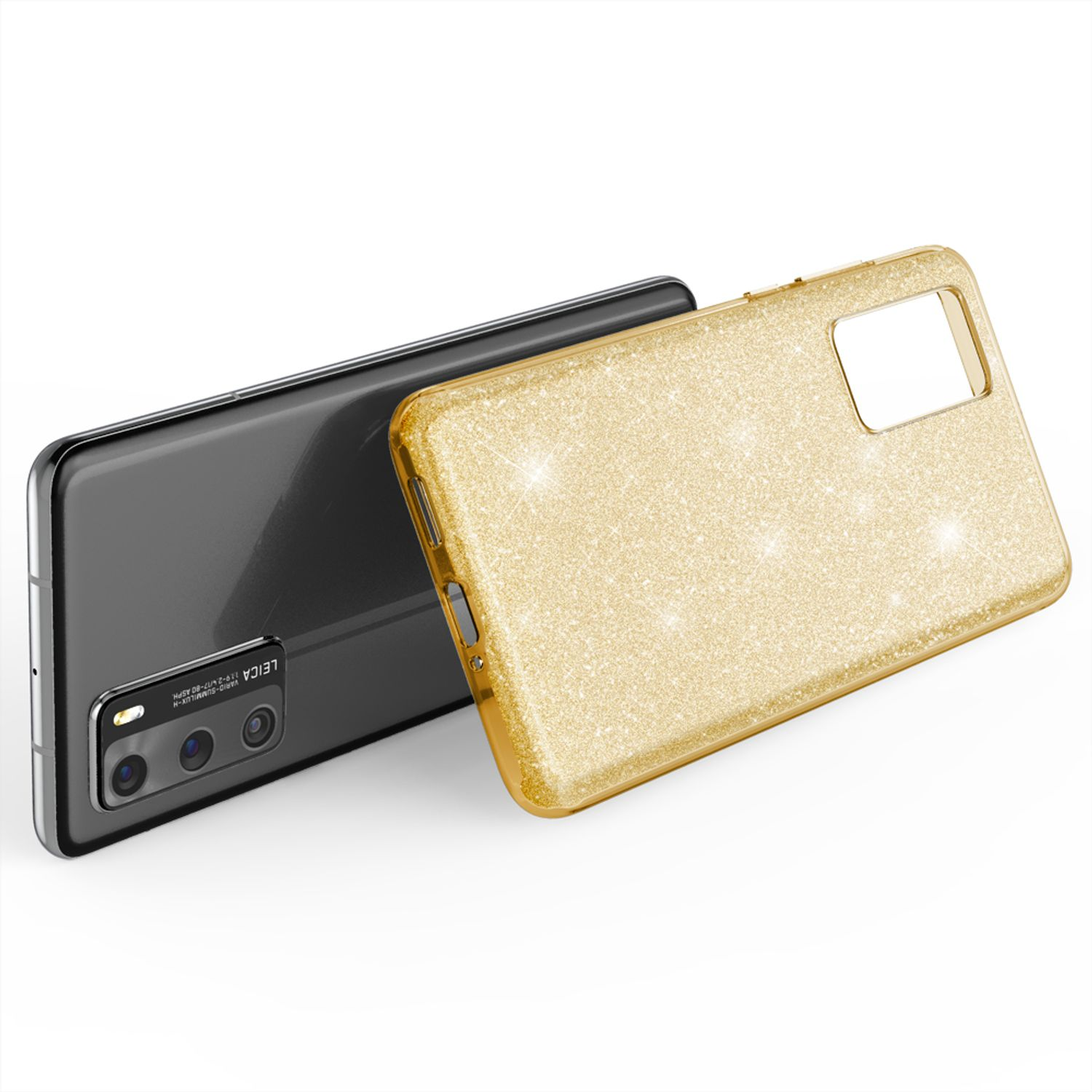 Telefon auf goldener Glitzerhülle, lehnt am schwarzen Telefon.