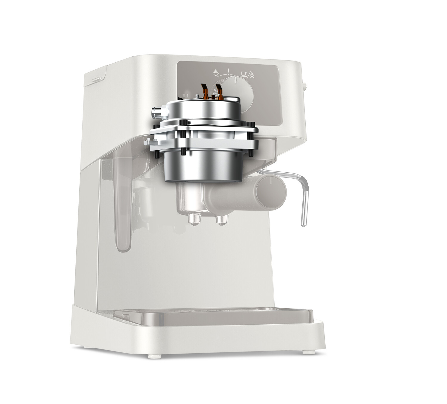 Ekspres do kawy z odsłoniętymi częściami wewnętrznymi, biały.