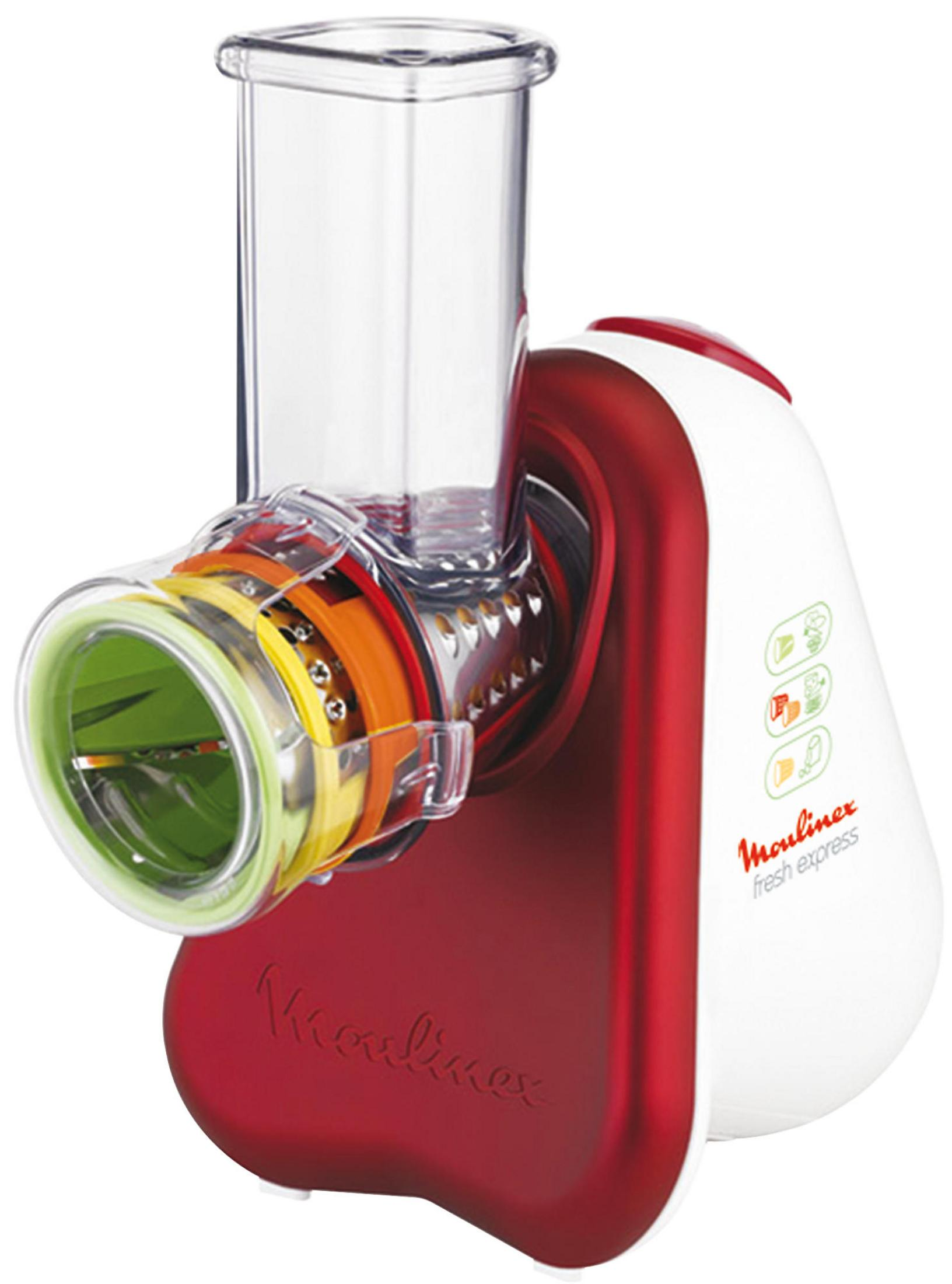Moulinex Fresh Express rosso e bianco con uno scivolo in plastica trasparente e un accessorio per grattugiare. La base è rossa.