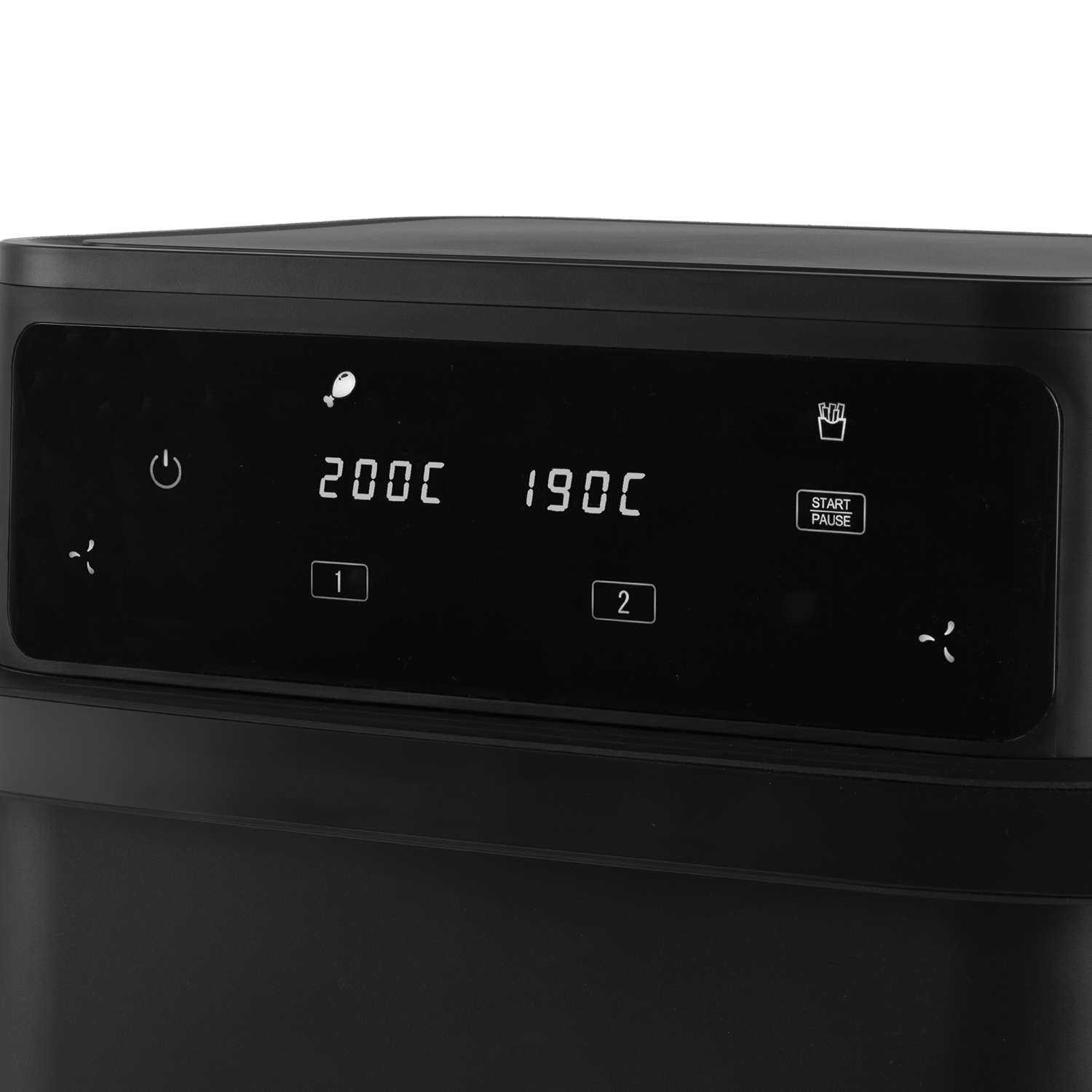 Nahaufnahme eines schwarzen Airfryer-Bedienfelds. Es zeigt Temperatureinstellungen und eine Start-/Pause-Taste.