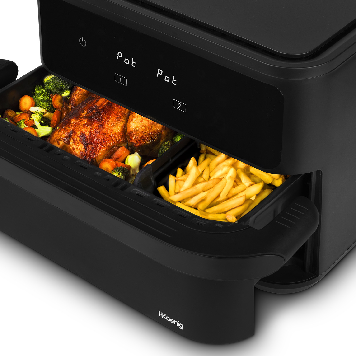 Schwarze Heißluftfritteuse mit Essen, inkl. Hähnchen, Brokkoli und Pommes.