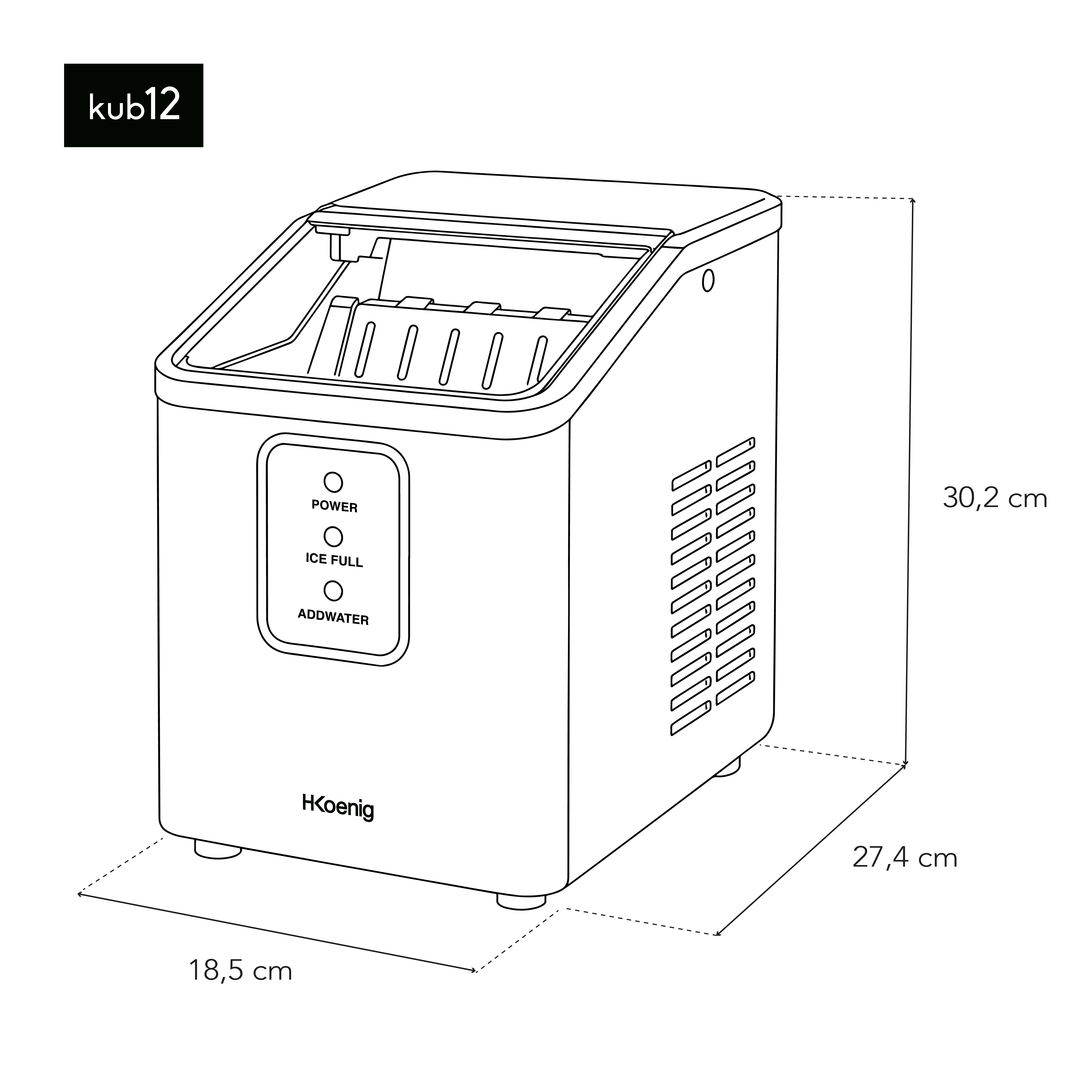 Disegno tecnico di una fabbricatrice di ghiaccio nera con dimensioni in cm.