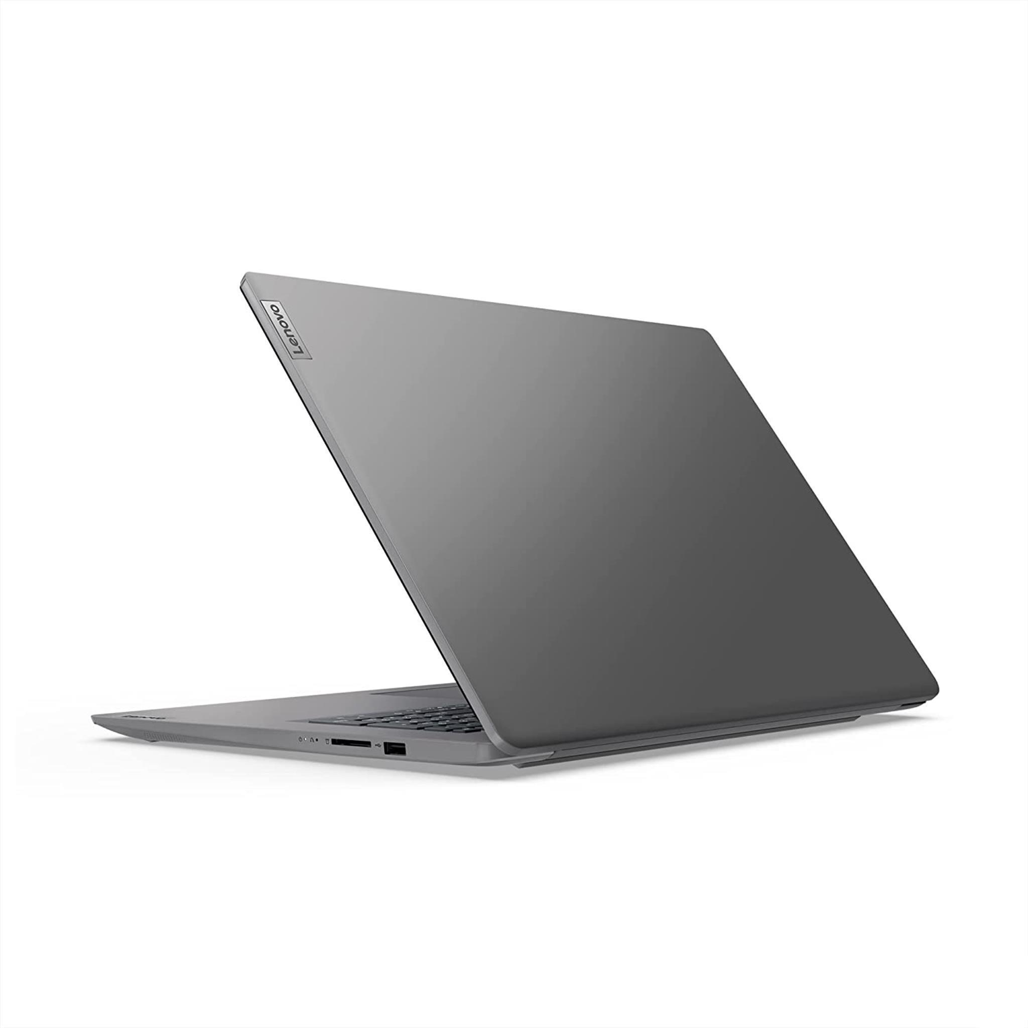 Grauer Lenovo-Laptop, teilweise geöffnet, auf weißer Oberfläche abgewinkelt. Der Bildschirm ist geschlossen.
