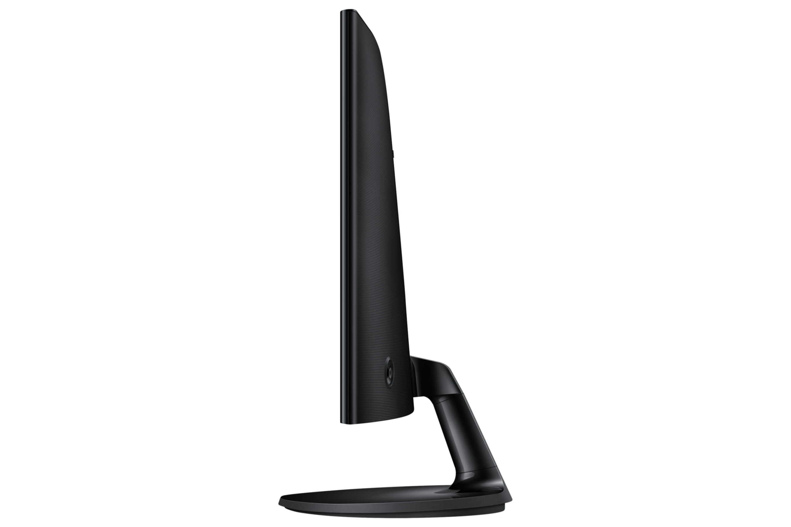 Widok z boku czarnego monitora komputera na białym tle. Monitor ma smukły profil i zakrzywioną podstawę.