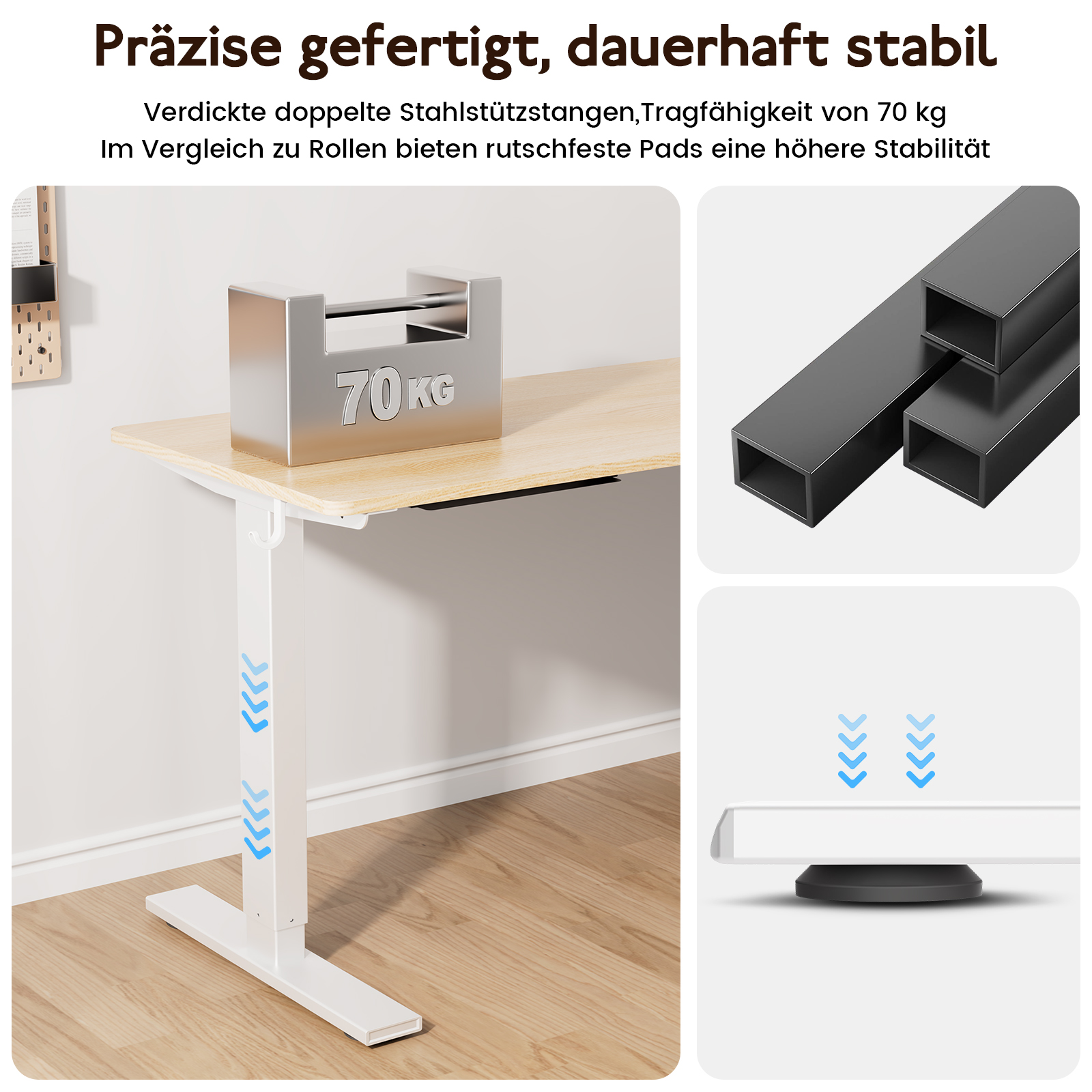 Ein Schreibtisch mit einem silbernen Gewicht darauf. Der Text besagt, dass er 70 kg tragen kann. Stützbeine und eine Metallstange sind ebenfalls sichtbar.