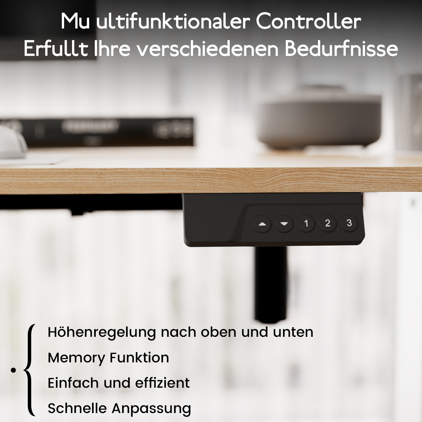 Eine Nahaufnahme eines Schreibtischs mit einem schwarzen Bedienfeld mit den Tasten 1, 2 und 3. Der Hintergrund ist verschwommen.
