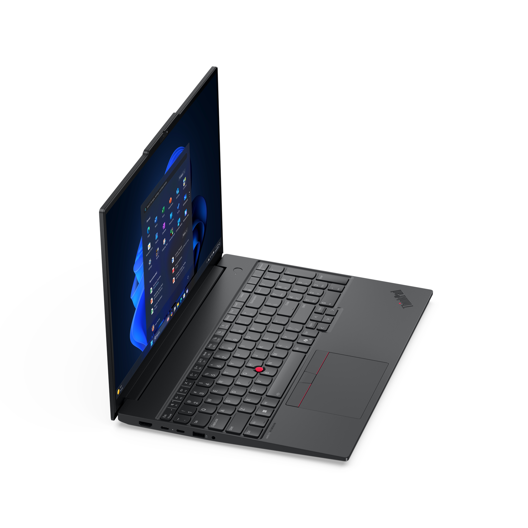 Czarny laptop ThinkPad na białym tle. Ekran wyświetla aplikacje Windows. Klawiatura widoczna. Widoczny jest również touchpad i logo ThinkPad.