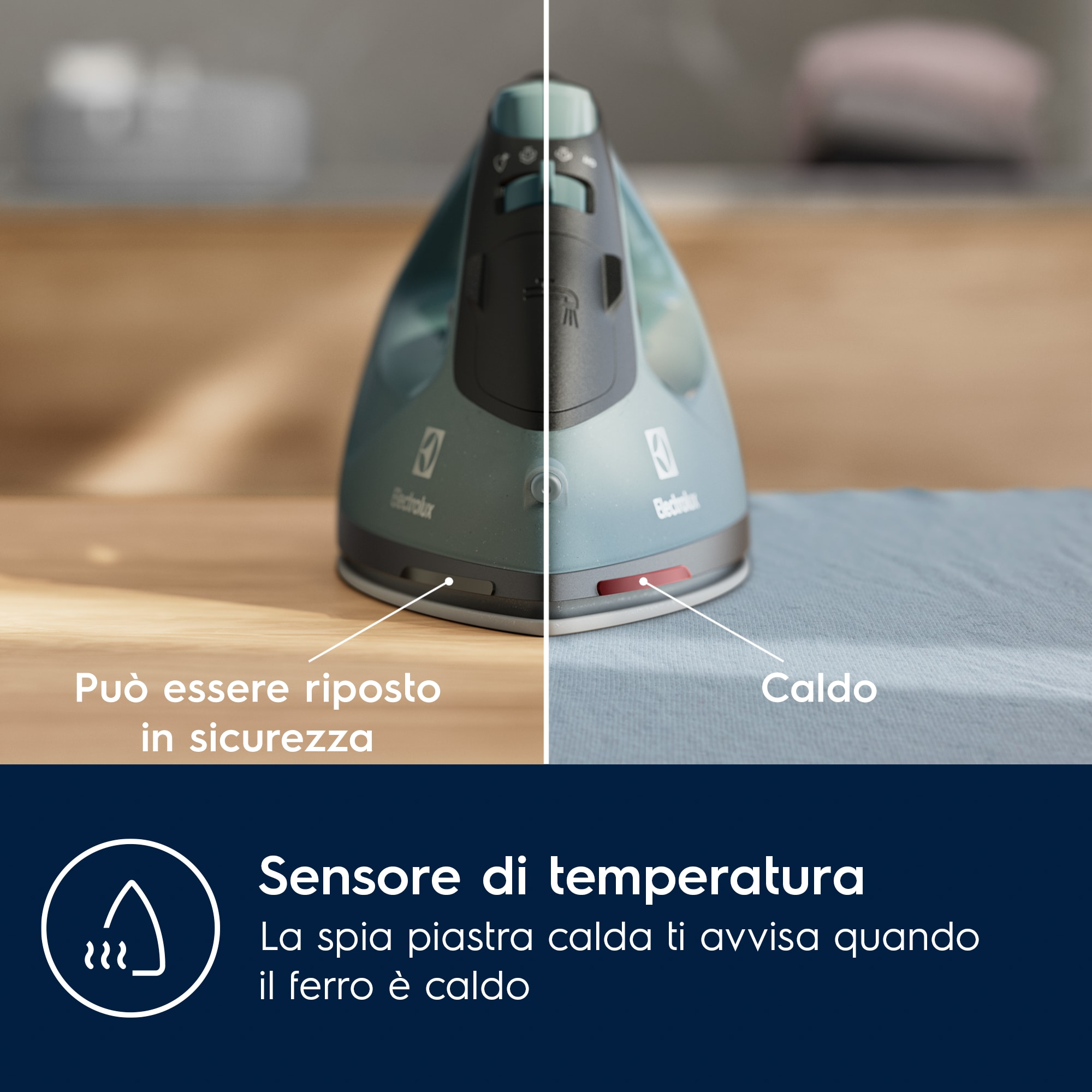 Un ferro da stiro con testo ed etichette su temperatura e caratteristiche di sicurezza.
