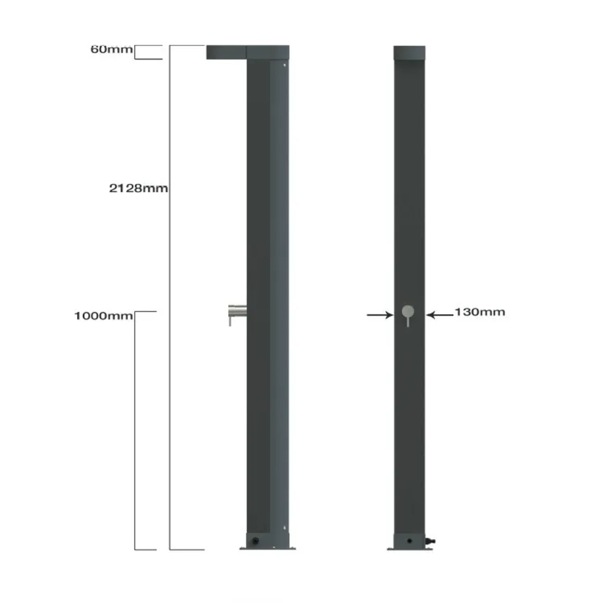 Diagrama de ducha exterior. Dimensiones etiquetadas: 2128 mm altura, 60 mm ancho superior, 130 mm ancho y 1000 mm base.