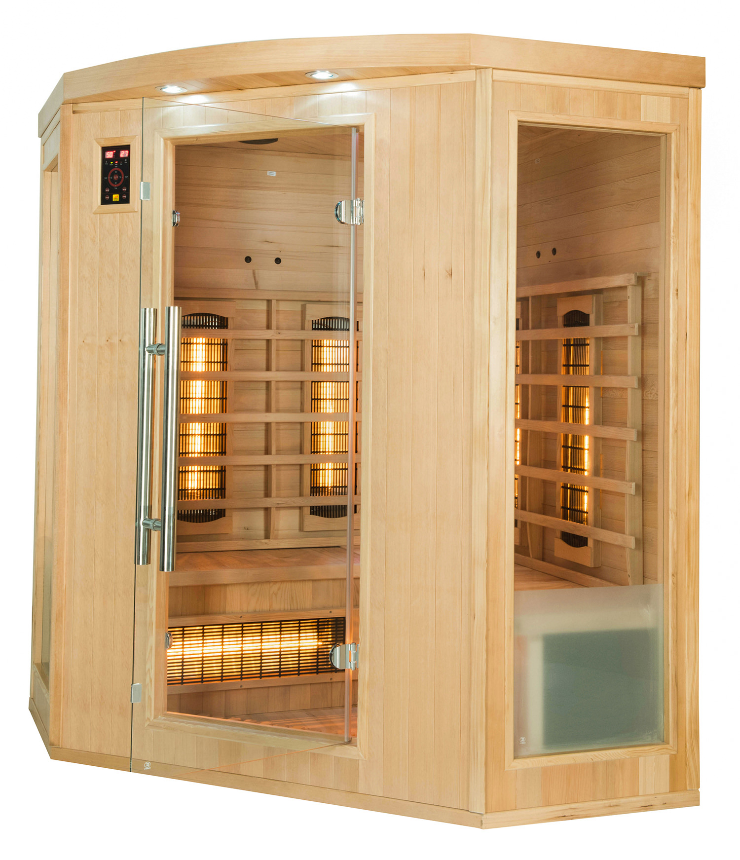 Una sauna de madera con puerta de cristal y luces. Dentro hay calentadores. La sauna está bien iluminada.