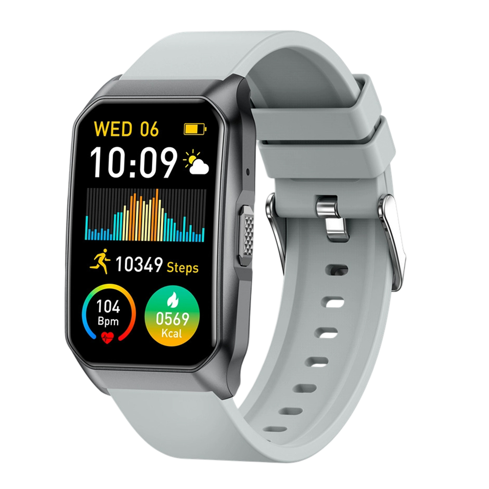 Smartwatch mit grauem Armband, zeigt Zeit, Schritte, Herzfrequenz und Kalorien auf schwarzem Bildschirm.