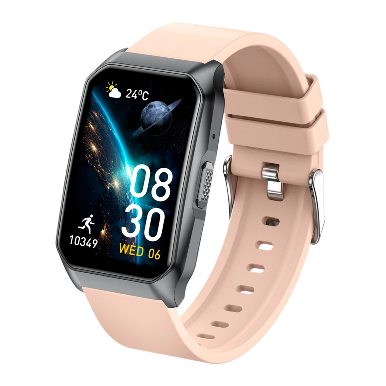 Smartwatch, mit pinkfarbenem Armband, zeigt Zeit und Fitnessdaten auf schwarzem Bildschirm.