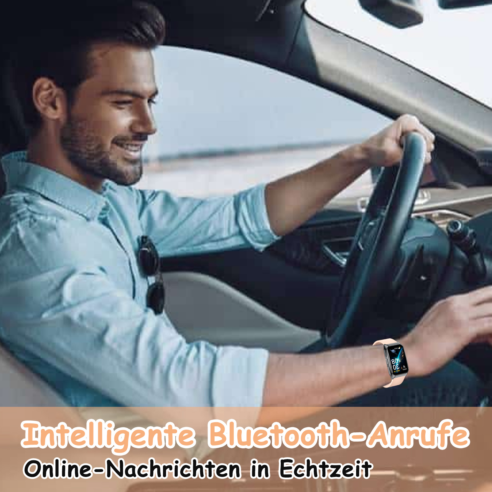 Ein Mann fährt Auto und trägt eine Smartwatch. Die Uhr ist hellrosa. Die Szene spielt sich tagsüber ab.