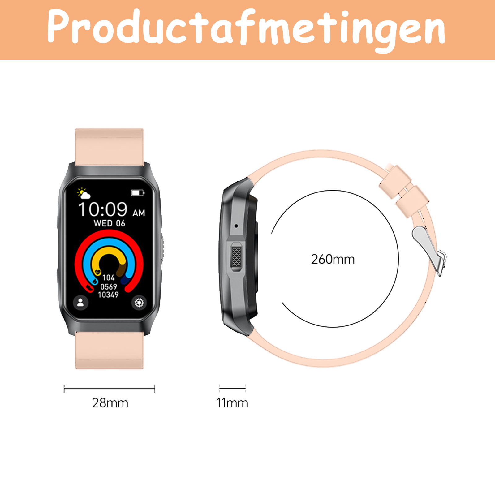 Eine Smartwatch zeigt Zeit, Datum und Fitnessdaten. Abmessungen: 28 mm Breite, 11 mm Dicke und 260 mm Armbandlänge.