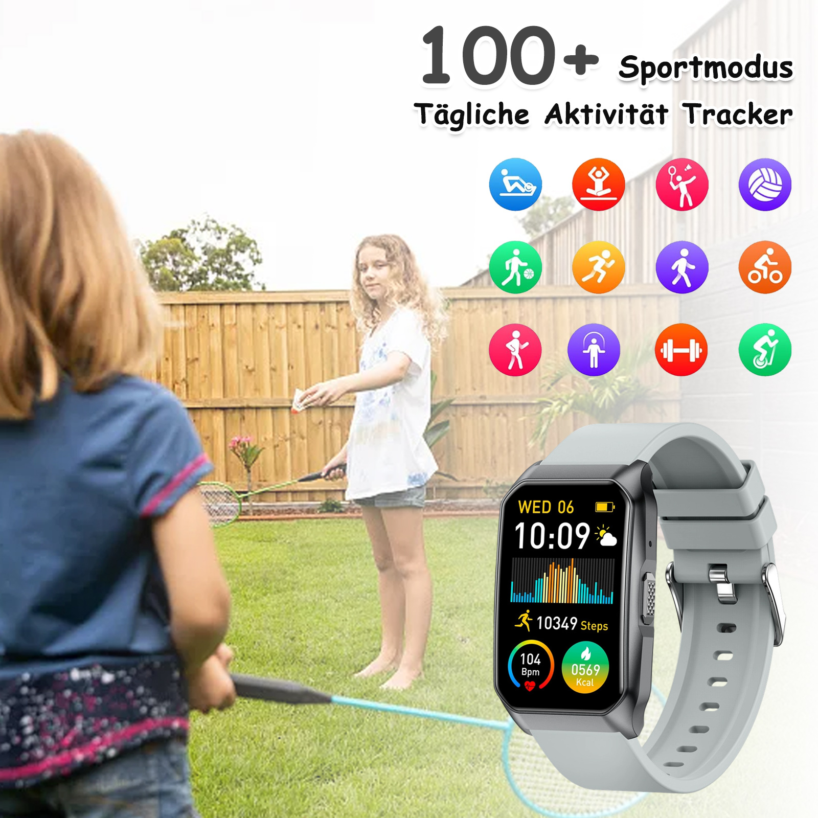 Ein Mädchen beobachtet, wie ein anderes Mädchen Badminton spielt. Eine Smartwatch zeigt Fitnessdaten, einschließlich Schritte und Herzfrequenz.