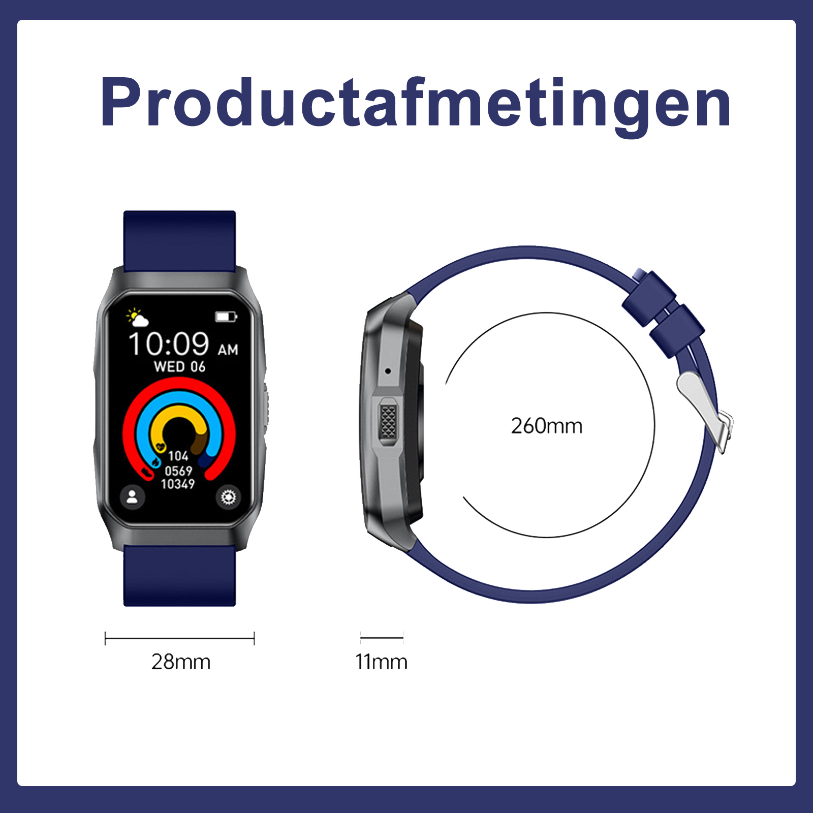 Eine Smartwatch zeigt Zeit, Datum und Fitnessdaten. Abmessungen: 28 mm Breite, 11 mm Dicke und 260 mm Armbandlänge.