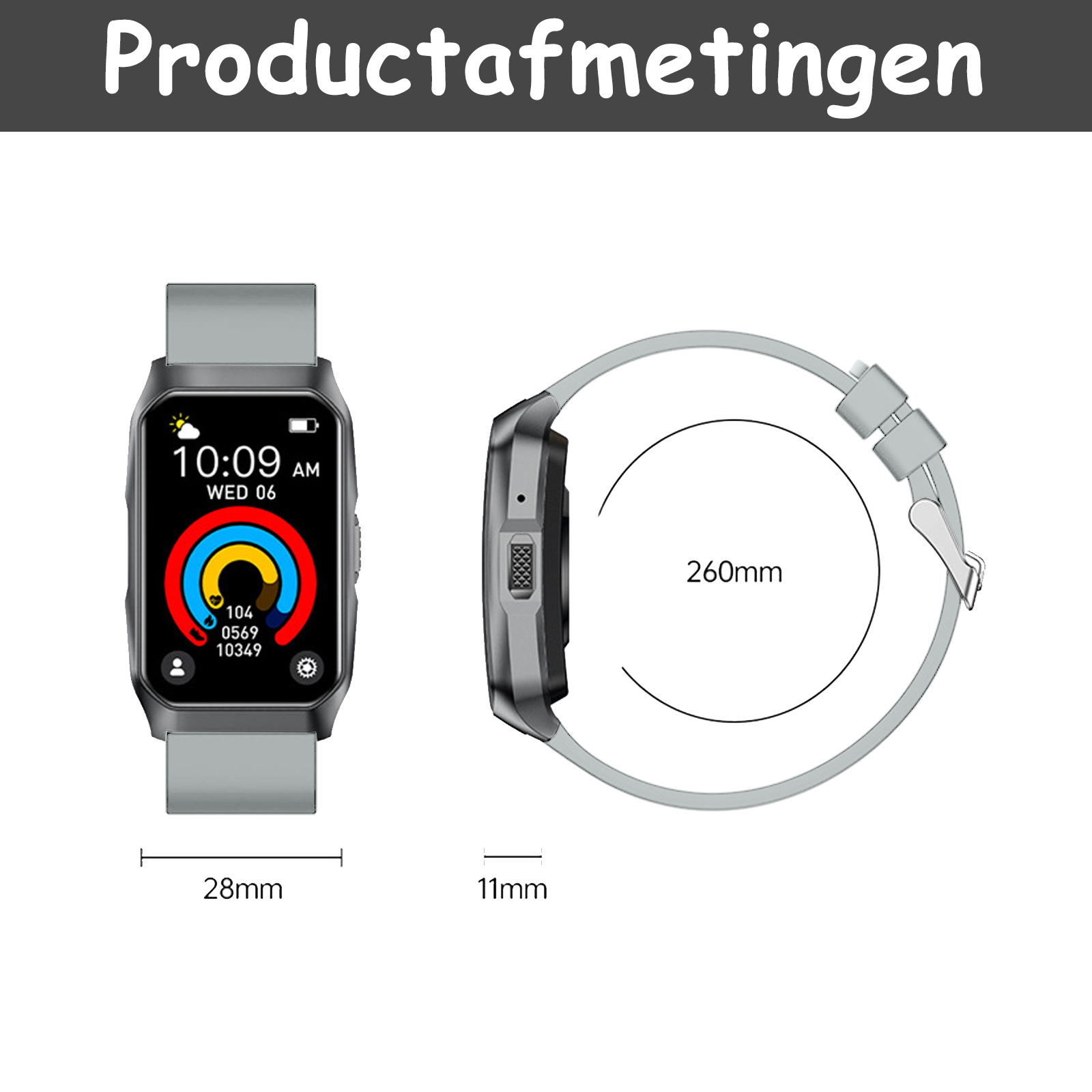 Eine Smartwatch zeigt Zeit, Datum und Fitnessdaten. Abmessungen: 28 mm Breite, 11 mm Dicke und 260 mm Armbandlänge.