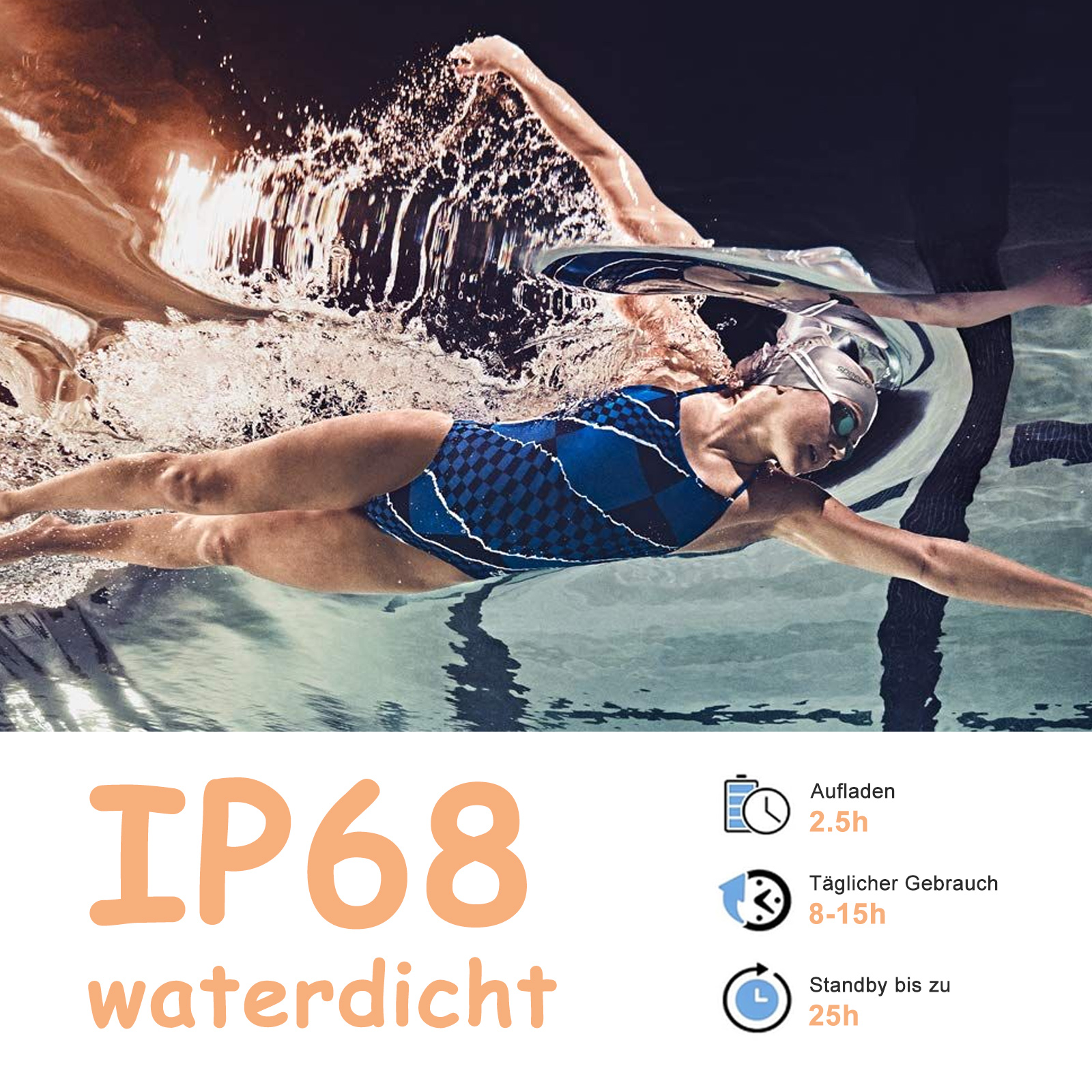 Eine Frau schwimmt in einem Pool. Das Bild wirbt für die wasserdichte Funktion der Smartwatch (IP68).