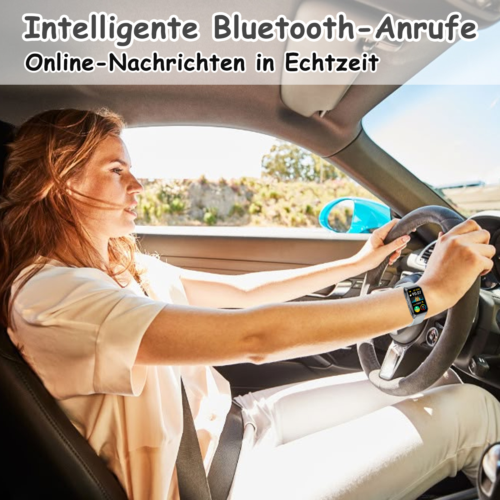 Frau fährt Auto, trägt Smartwatch. Text: Intelligente Bluetooth-Anrufe, Online-Nachrichten in Echtzeit.
