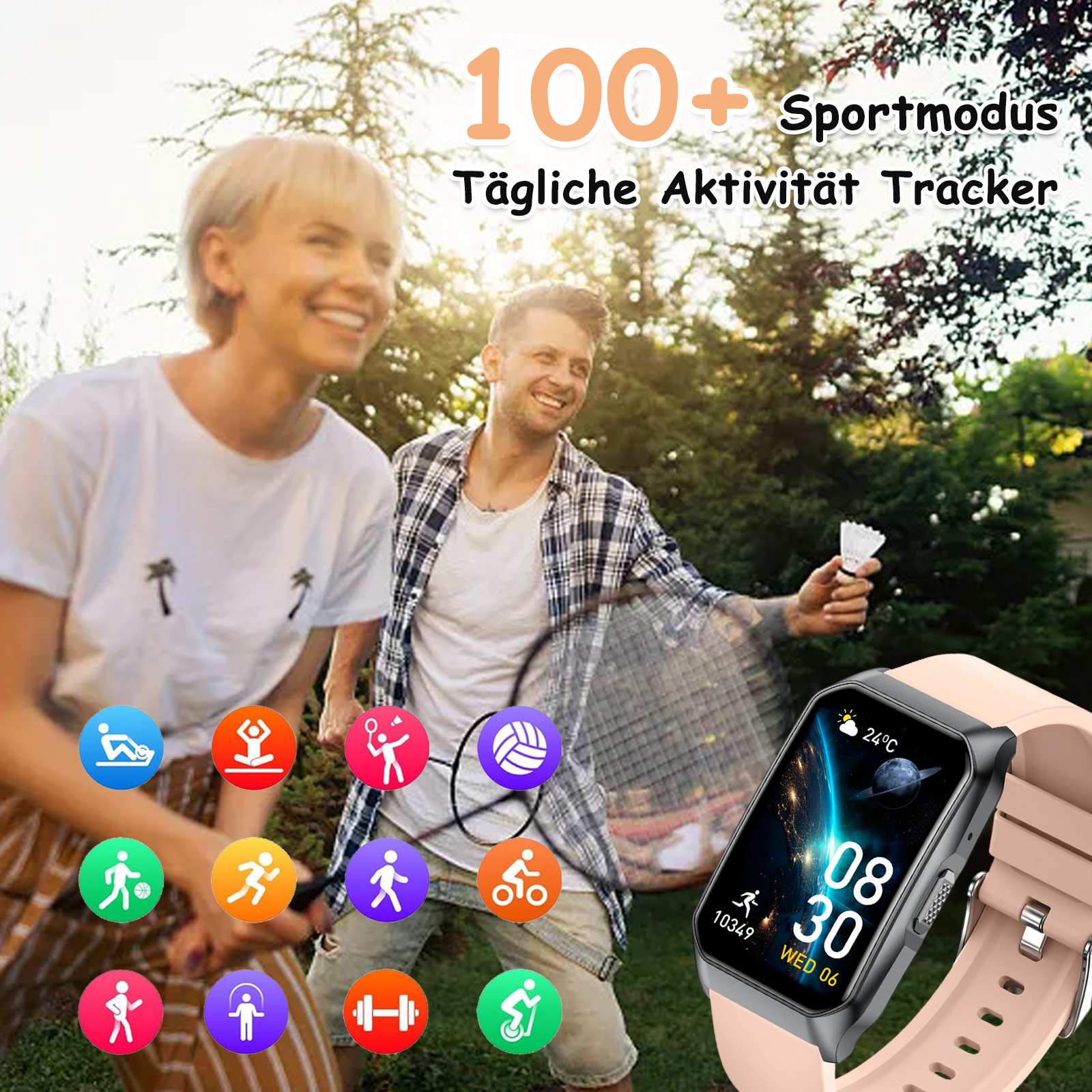 Ein Paar spielt Badminton. Eine Smartwatch zeigt Aktivitätsverfolgungs-Symbole. Der Hintergrund ist eine sonnige Szene im Freien.