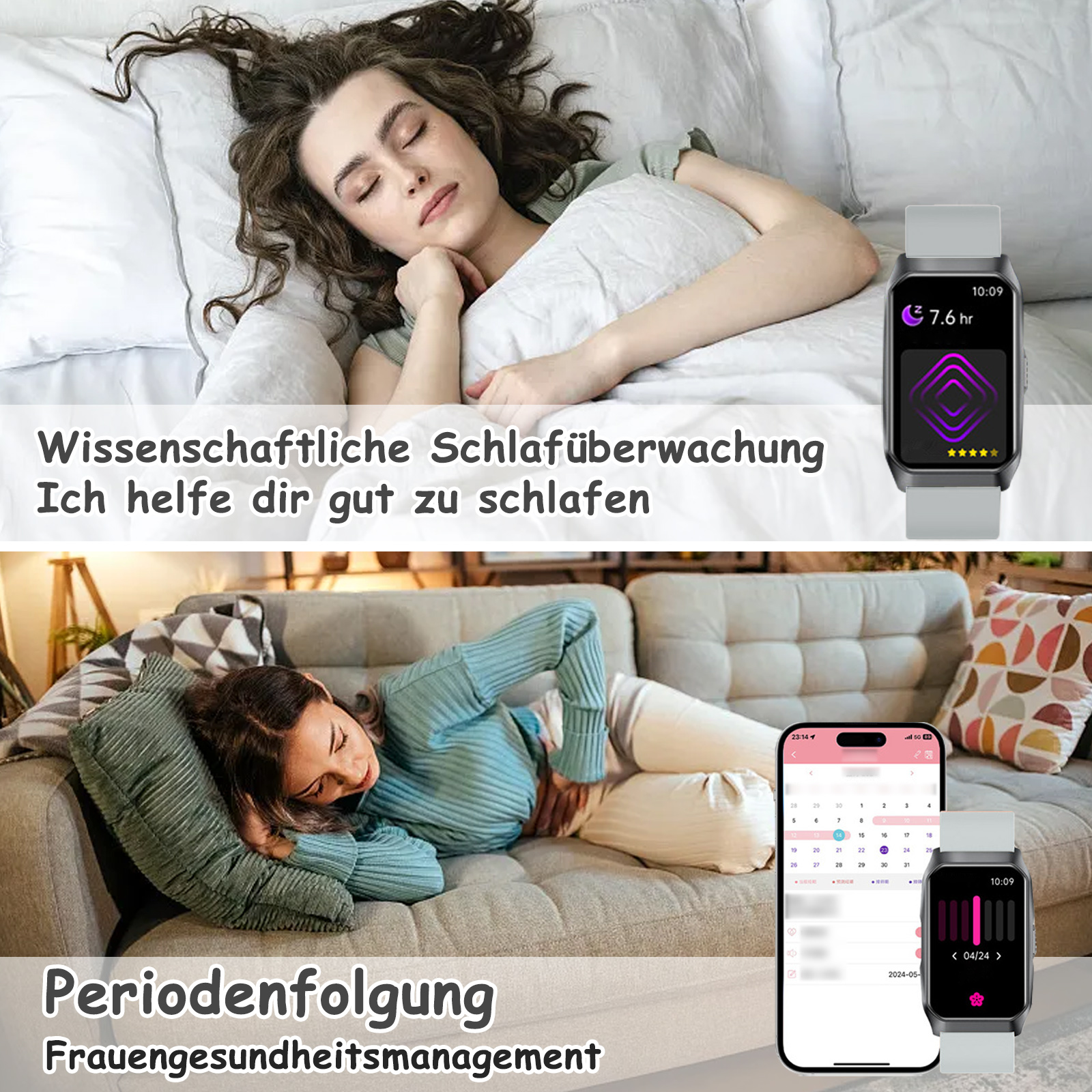 Frau schläft, Smartwatch zeigt Schlafdaten, und Telefon zeigt Periodenverfolgung auf dem Sofa.