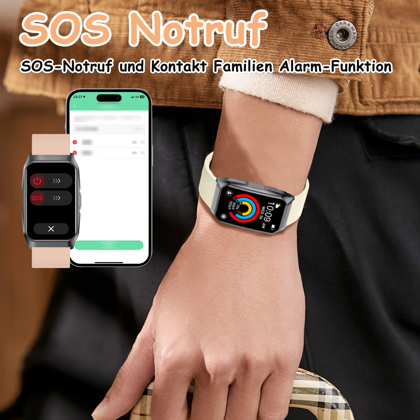 Die Hand einer Person, die ein Telefon hält und eine Smartwatch trägt. Das Telefon zeigt einen SOS-Anrufbildschirm.