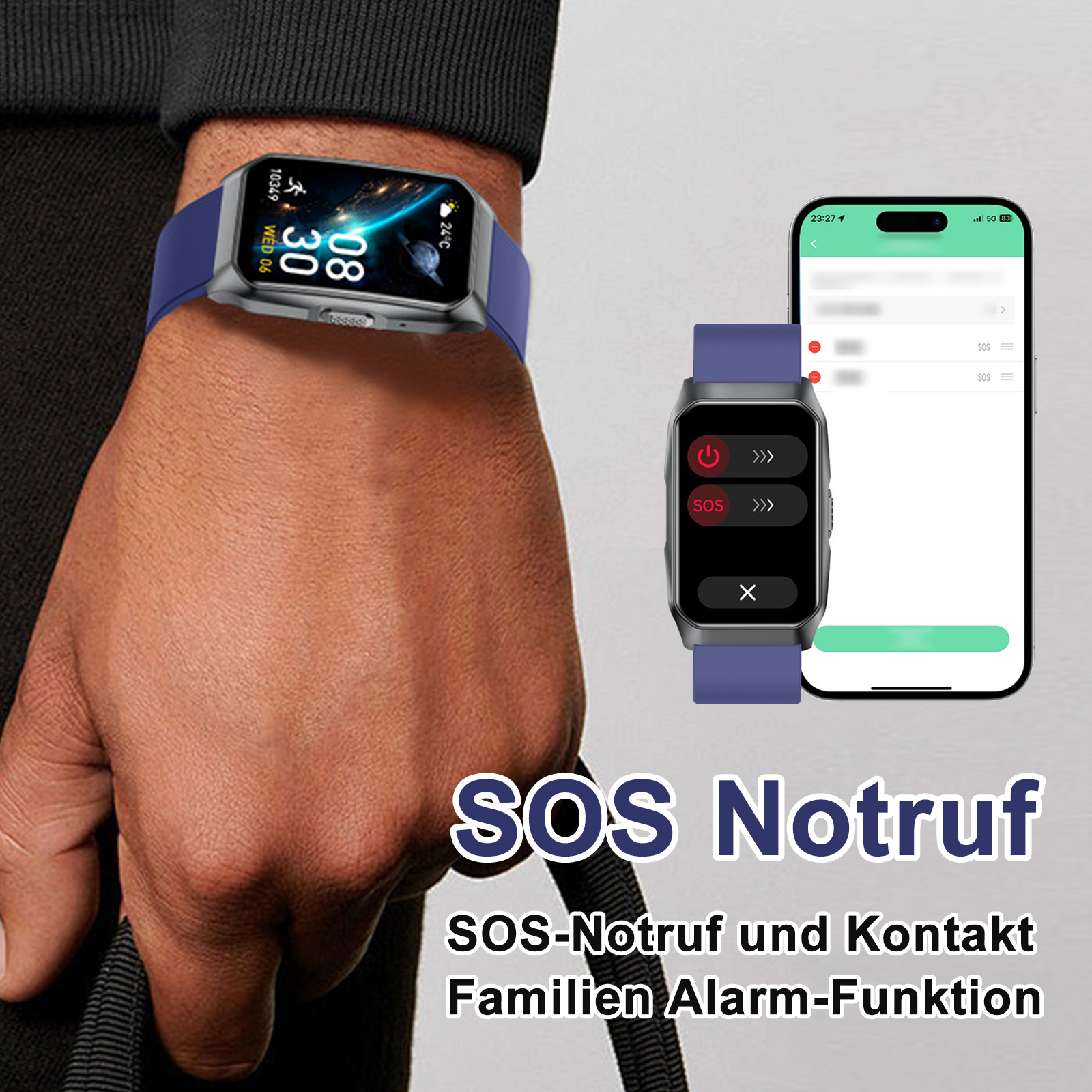 Hand mit Smartwatch, die SOS-Alarm zeigt. Telefon zeigt SOS-Menü. Text: SOS-Notruf.