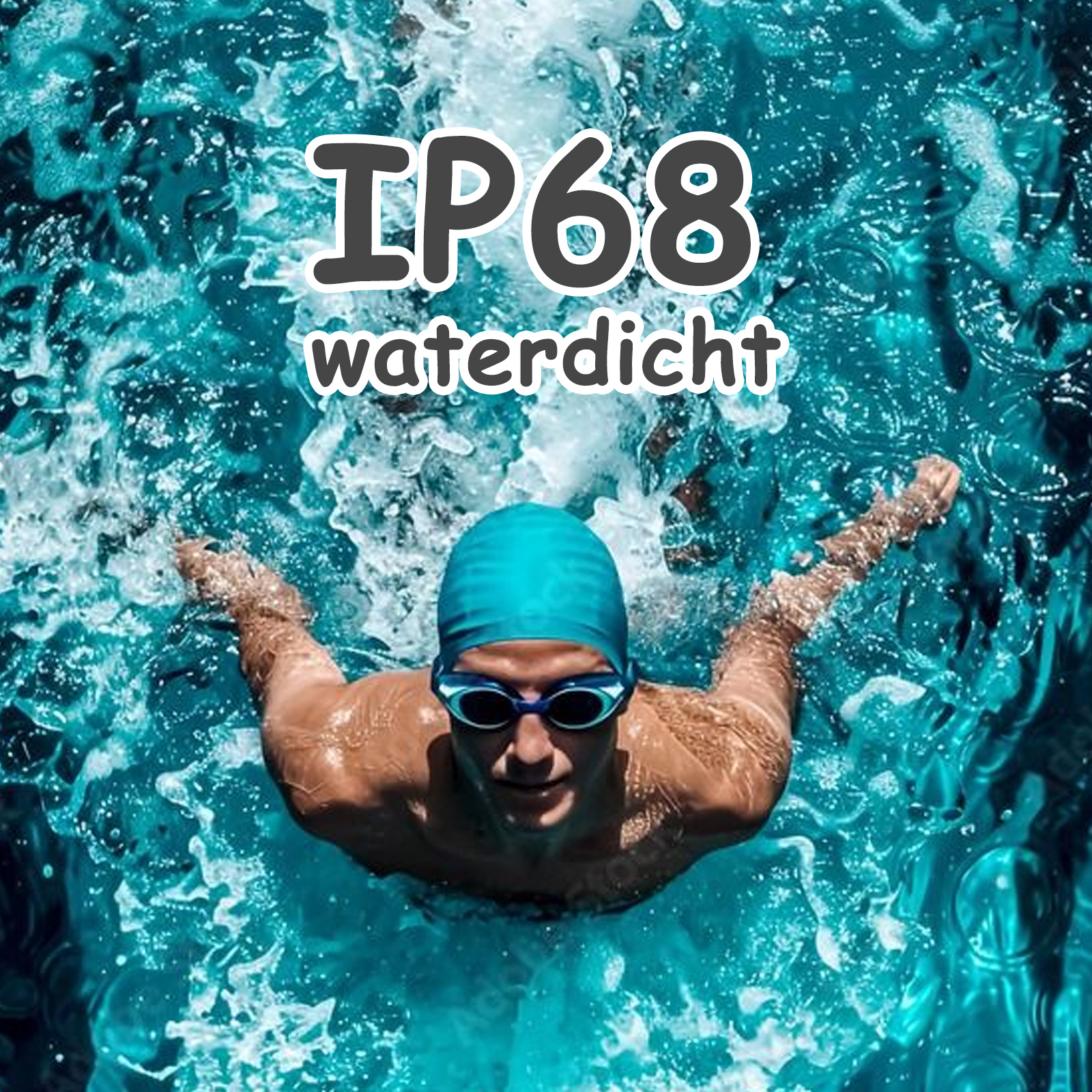 Schwimmer im Wasser, trägt Brille und Kappe. Text: IP68 wasserdicht.