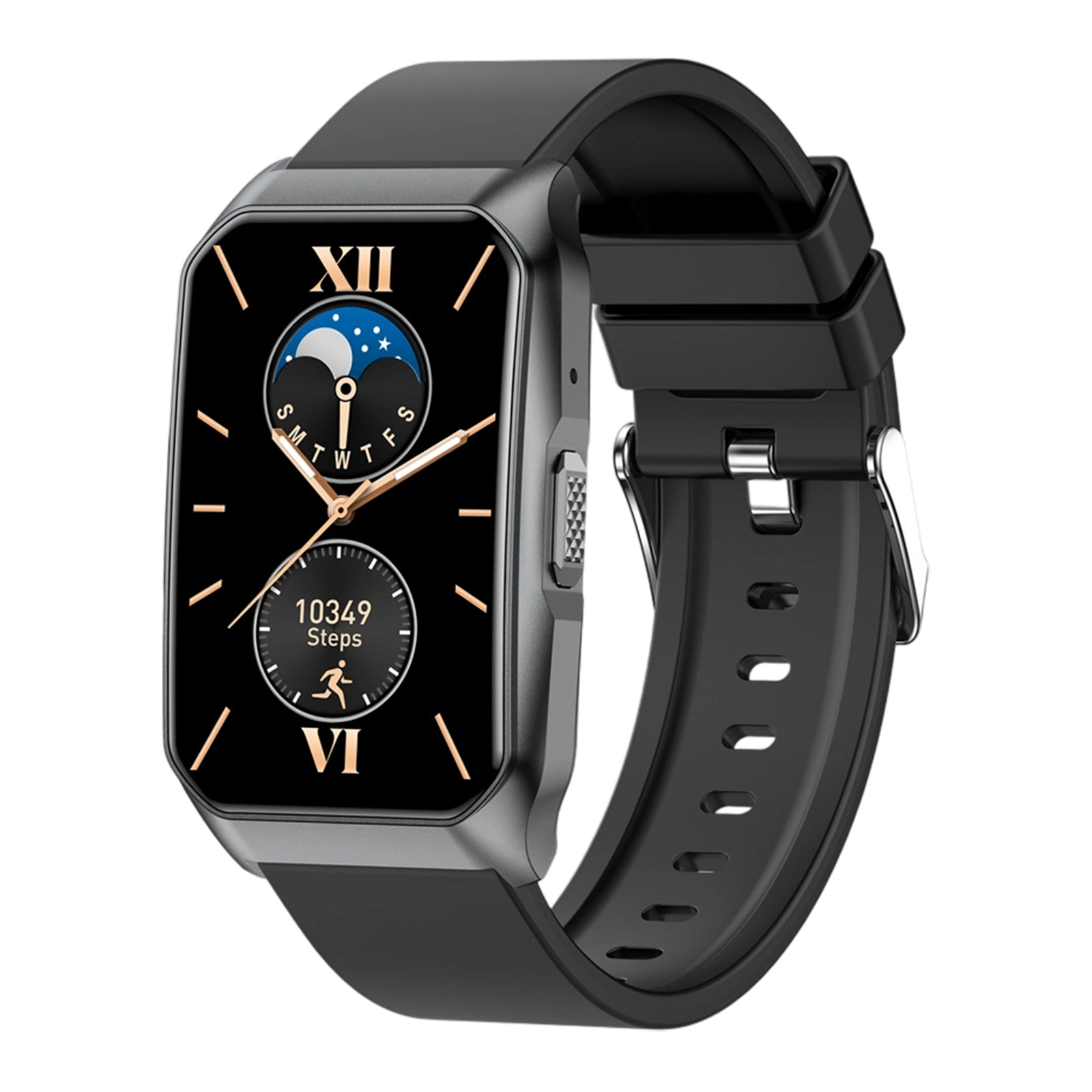 Nahaufnahme einer Smartwatch mit schwarzem Armband und Display mit Uhrzeit, Datum und Schrittzahl.