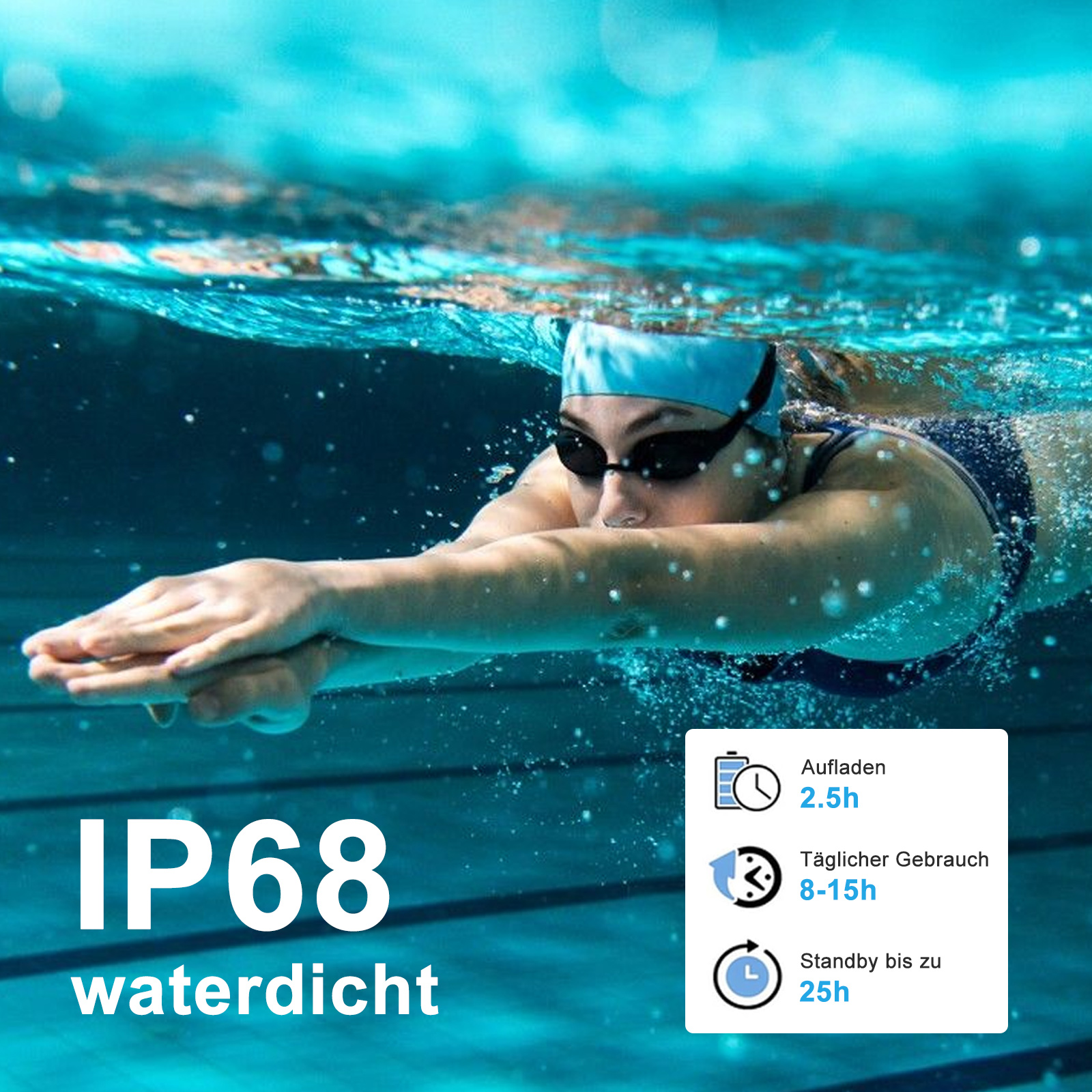 Frau schwimmt unter Wasser mit IP68 wasserdichtem Text.