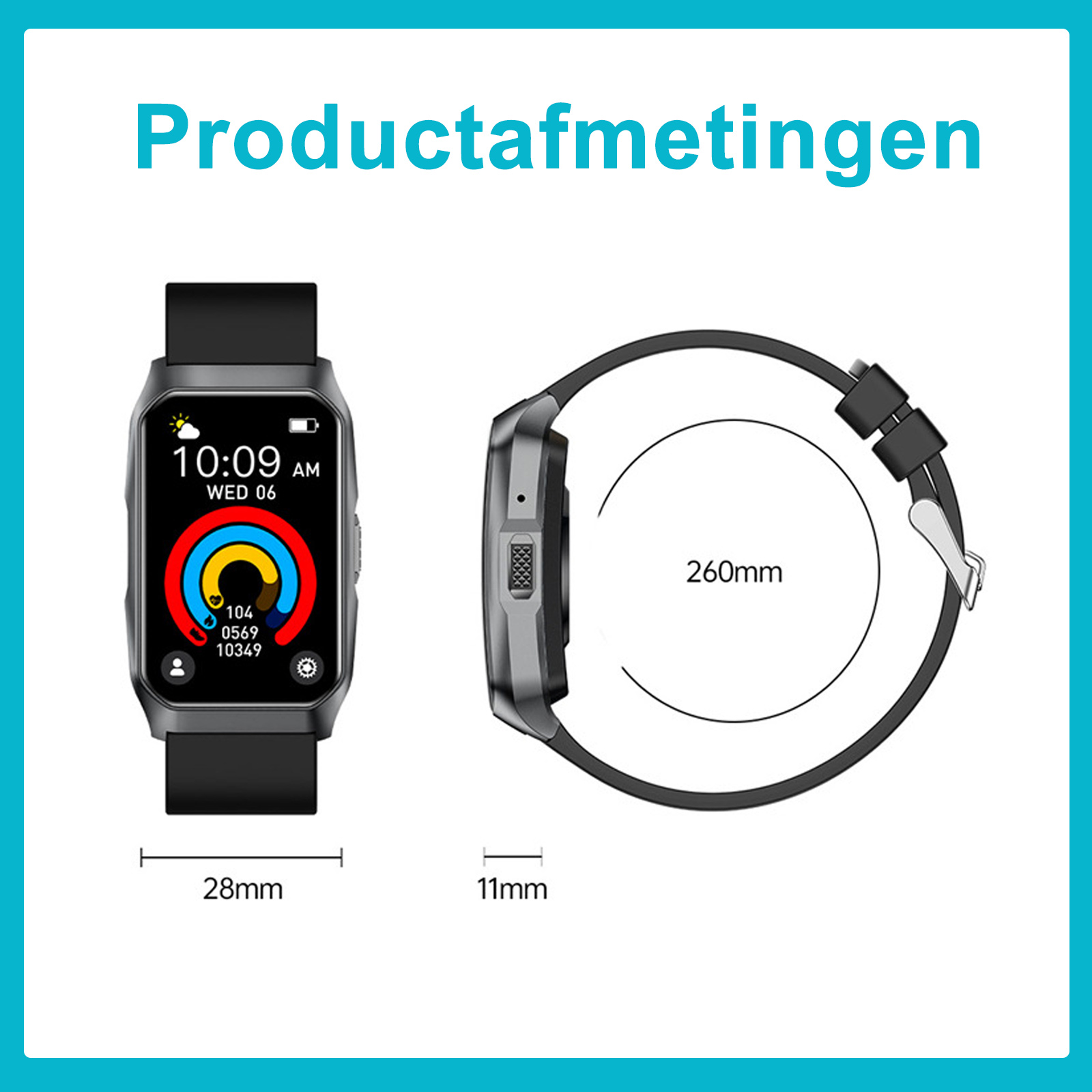Abmessungen der Smartwatch. 28 mm Breite, 11 mm Dicke und eine Bandlänge von 260 mm, auf weißem Hintergrund.