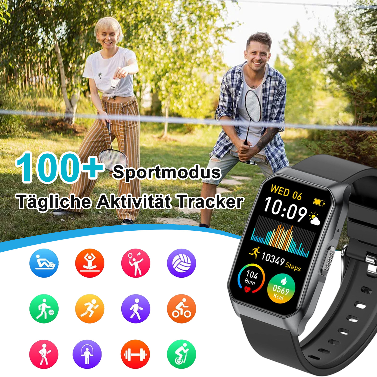 Eine Smartwatch zeigt Aktivitätsdaten an. Zwei Personen spielen im Hintergrund Badminton, sonniger Tag. Symbole und Text sind sichtbar.