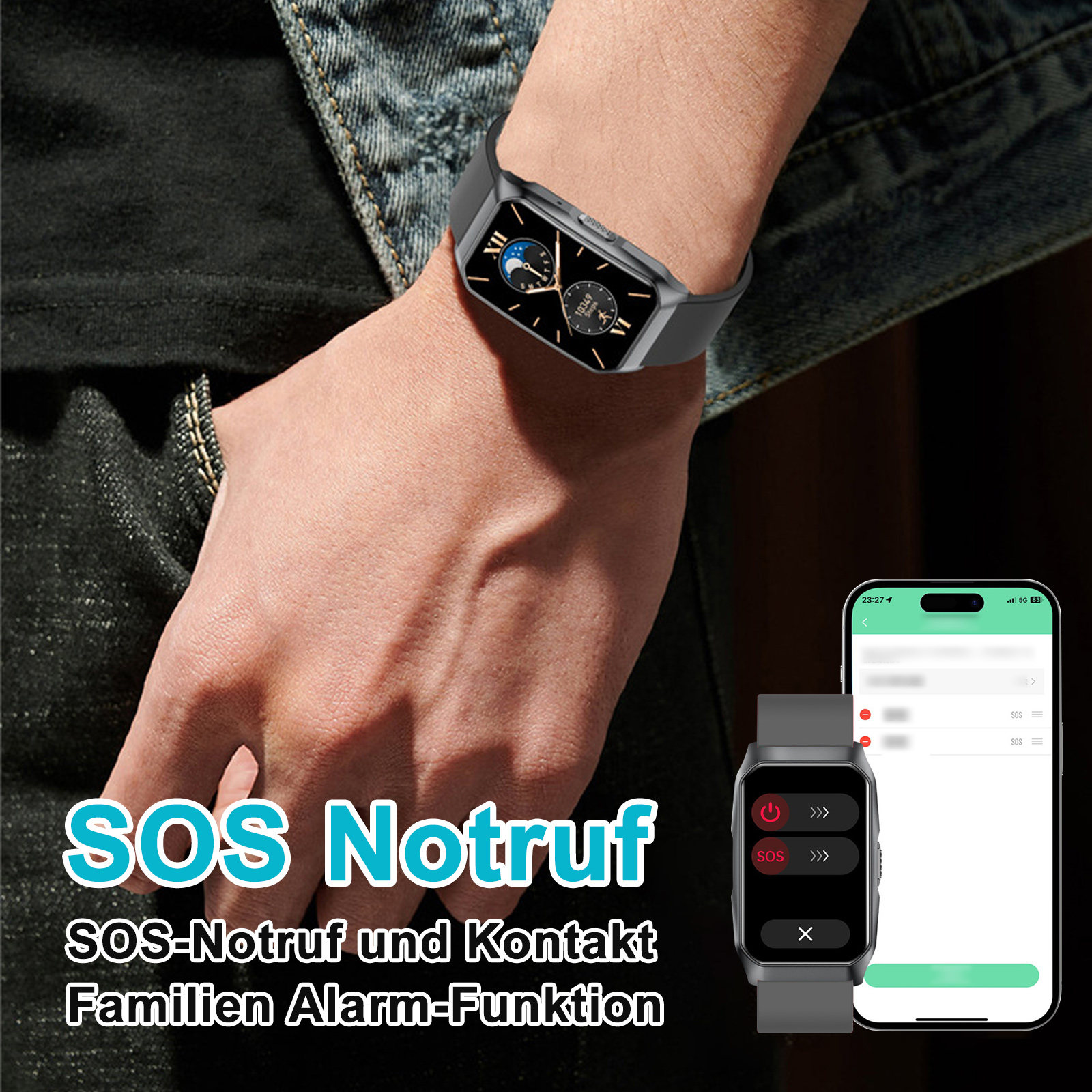 Hand mit Smartwatch, die SOS-Alarm zeigt. Telefon zeigt SOS-Menü. Text: SOS-Notruf.