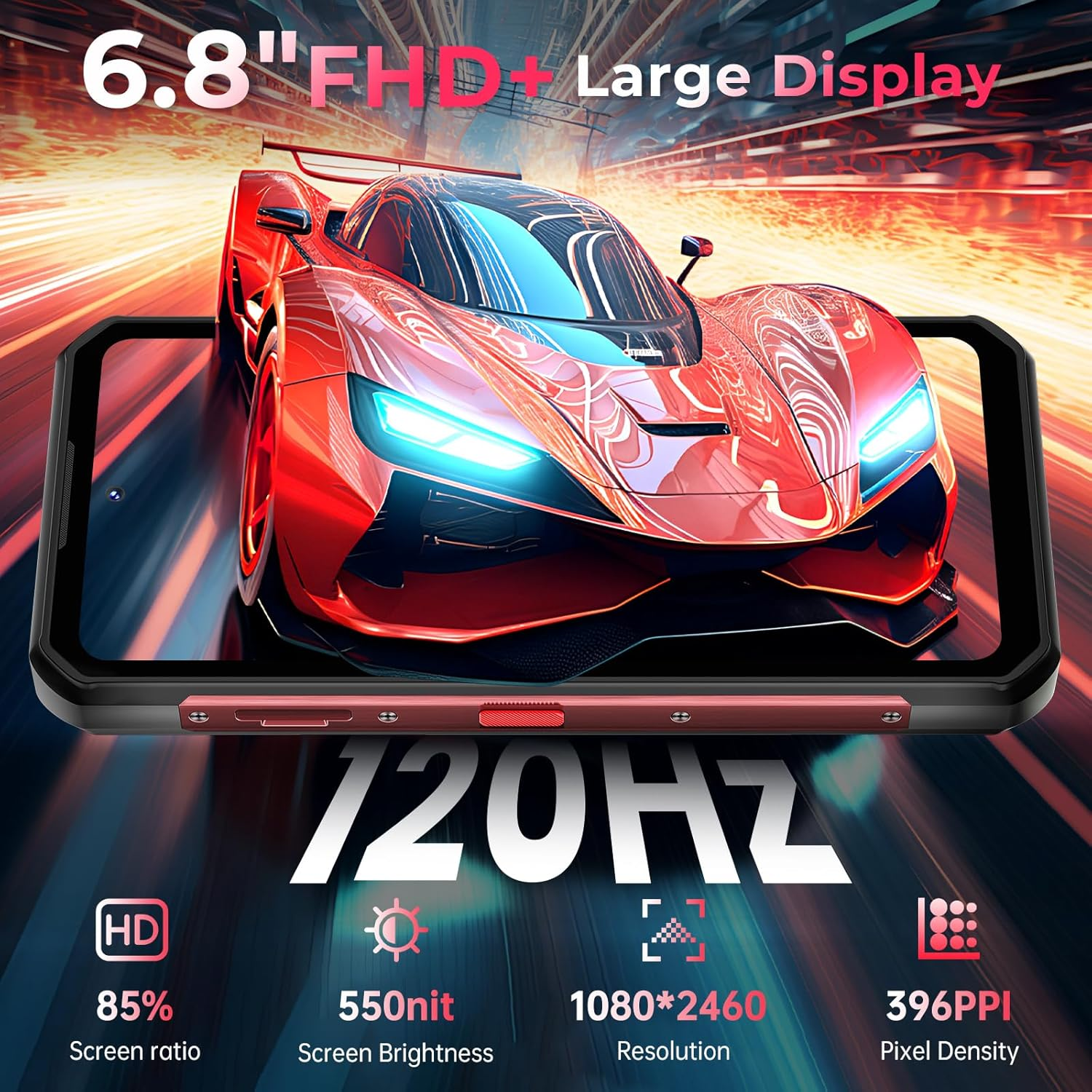 Telefon z czerwonym samochodem sportowym na ekranie. Tekst wskazuje 6.8" FHD+ Duży wyświetlacz i 720Hz.