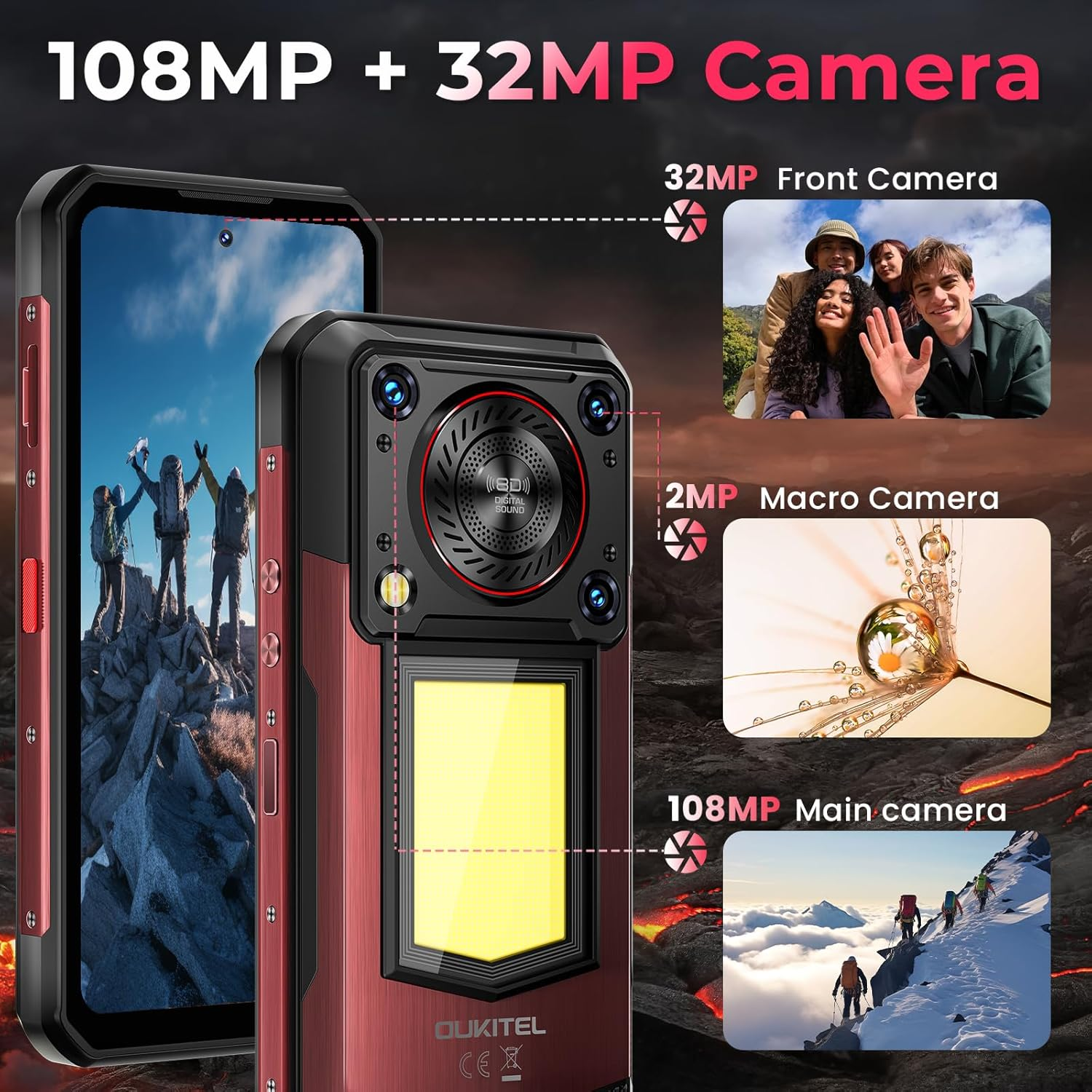 Telefon z funkcjami aparatu. Teksty podkreślają aparat 108MP + 32MP, szczegóły przedniego, makro i głównego aparatu.