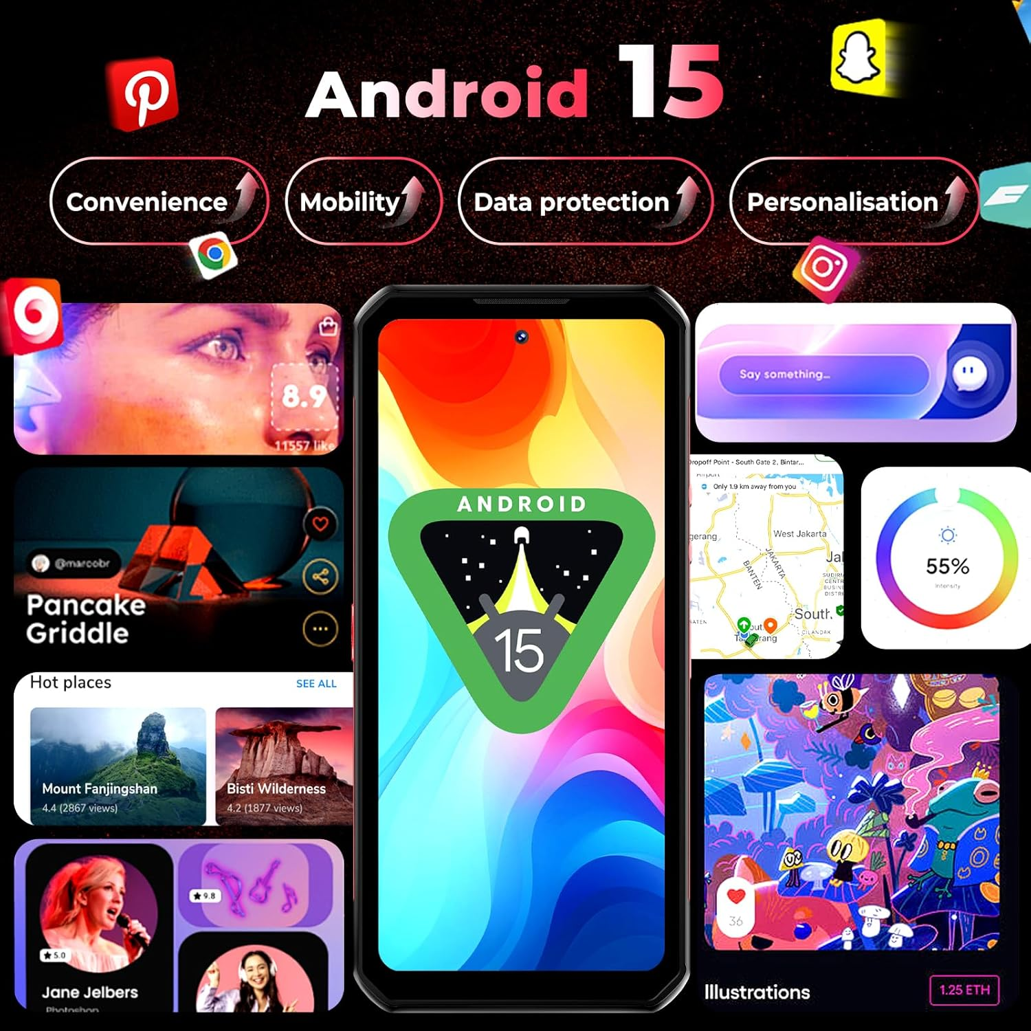 Telefon z logo Android 15 i ikonami aplikacji. Wyświetla różne zrzuty ekranu aplikacji i etykiety.