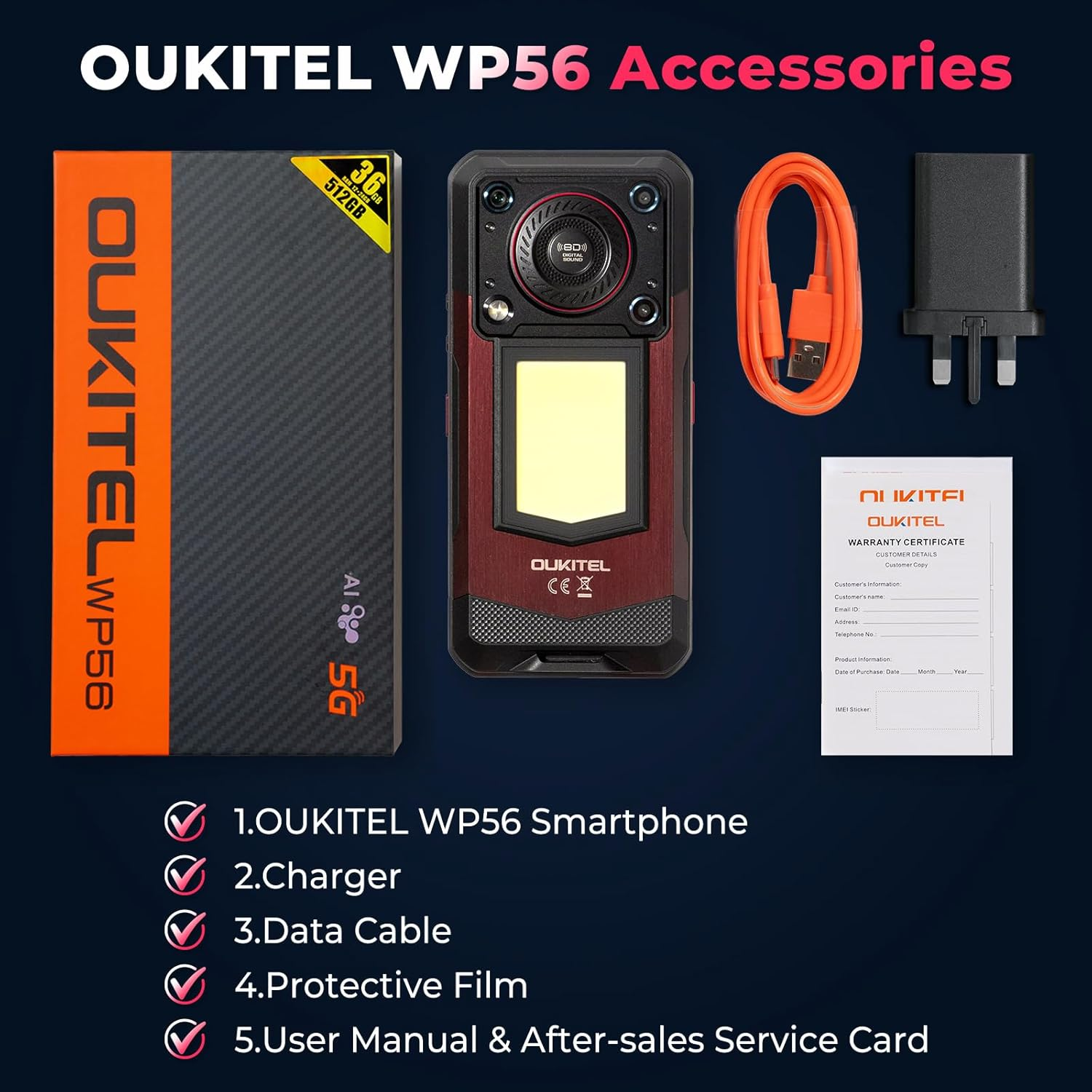 Telefon Oukitel WP56 i akcesoria, w tym ładowarka, kabel do transmisji danych, folia ochronna i instrukcja obsługi.