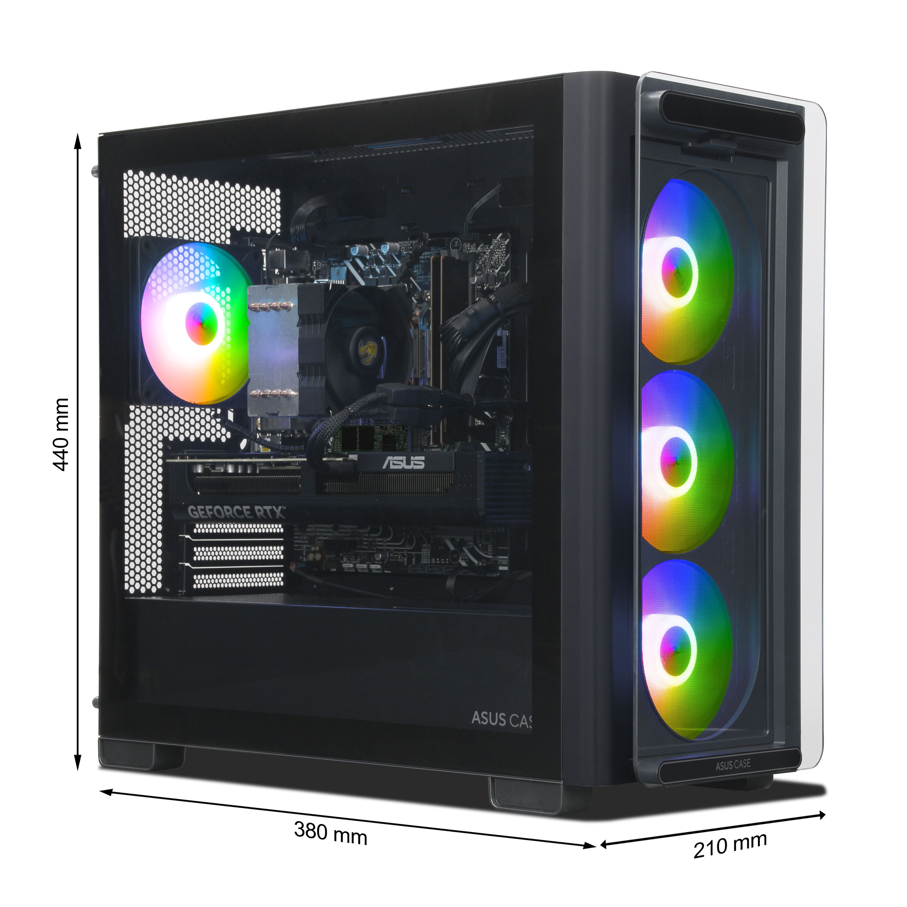 Schwarzes Computergehäuse mit durchsichtiger Seitenwand. Innen befinden sich Komponenten wie GPU, CPU-Kühler und Lüfter mit bunten Lichtern.