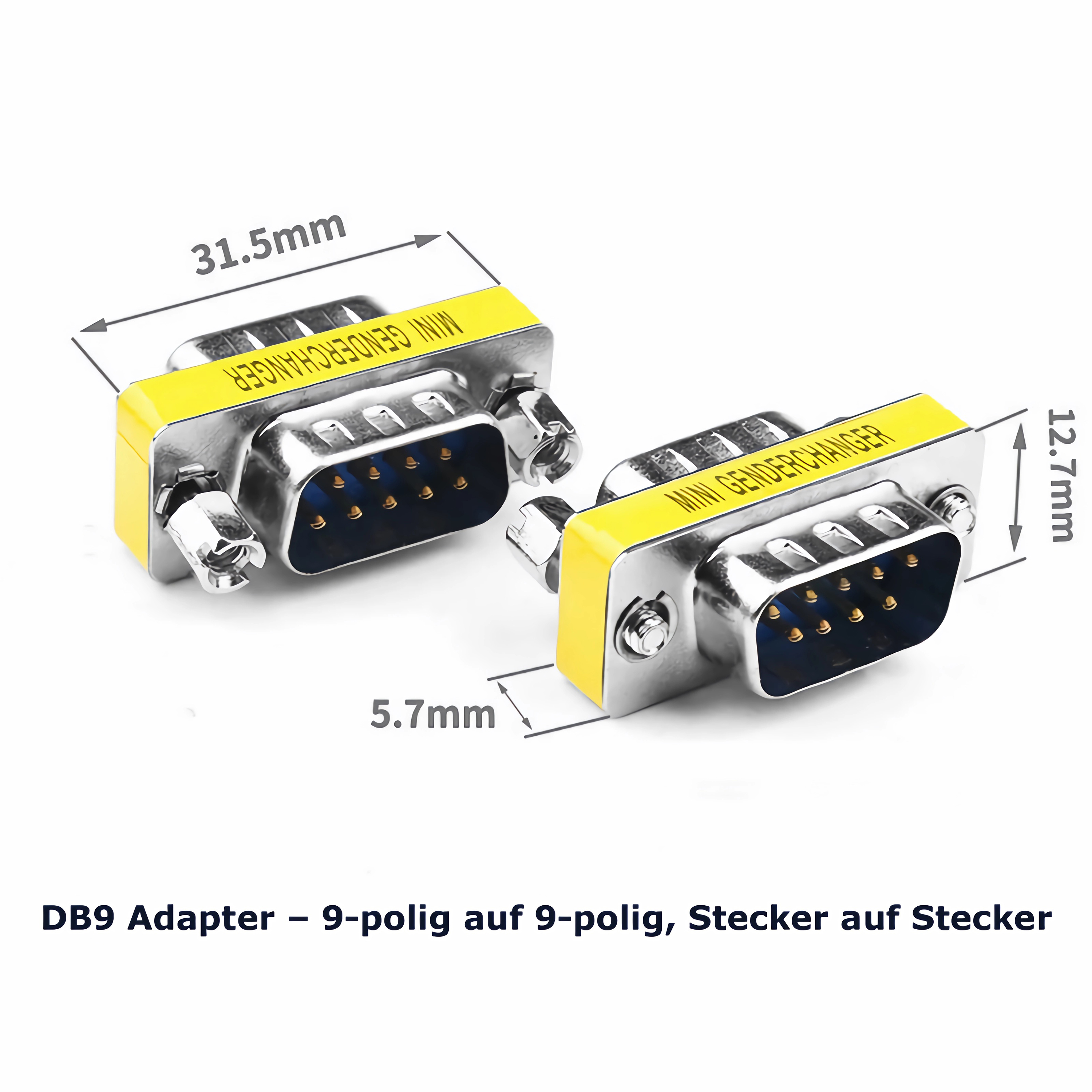 Zwei silberne Stecker mit blauen Pins und gelben Aufschriften 'MINI GENDER CHANGER'.