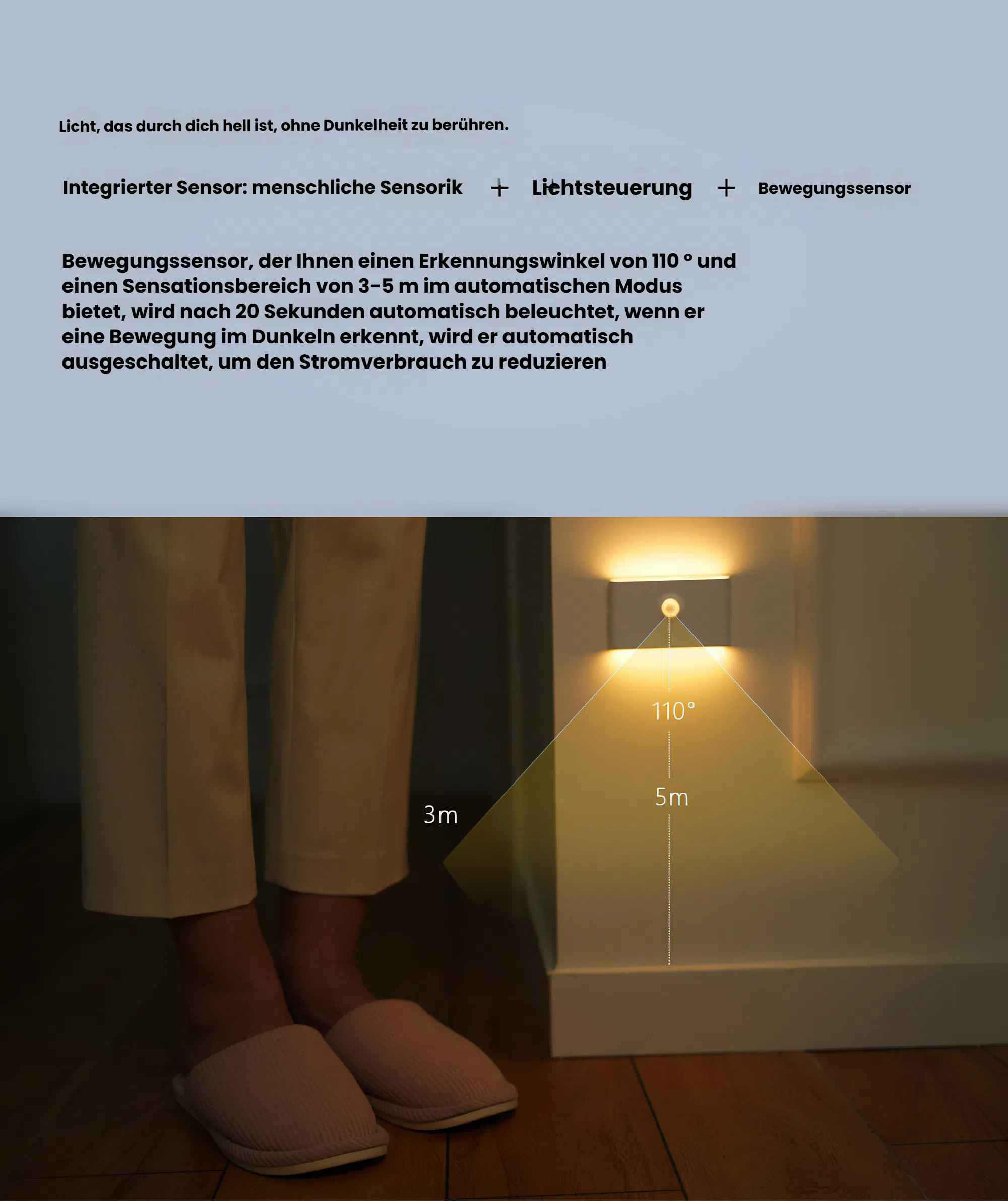 Die Füße einer Person in Hausschuhen, mit einem Licht an der Wand. Ein Lichtstrahl wird gezeigt.