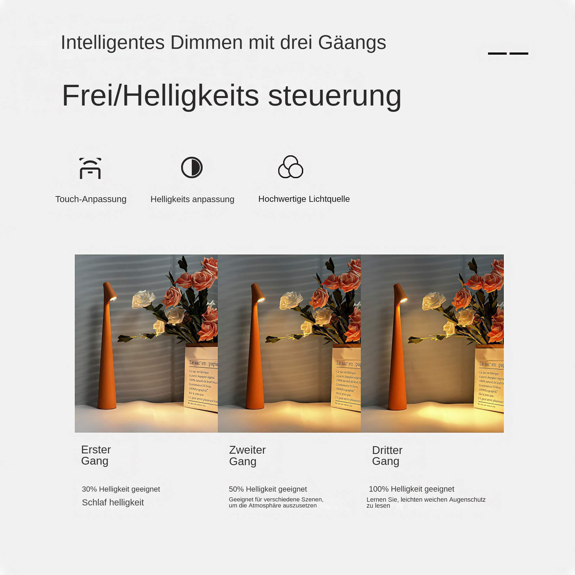 Werbung zeigt drei orangefarbene Lampen mit Blumenvasen und Text über Dimmstufen. Die Lampen stehen auf einer weißen Fläche.