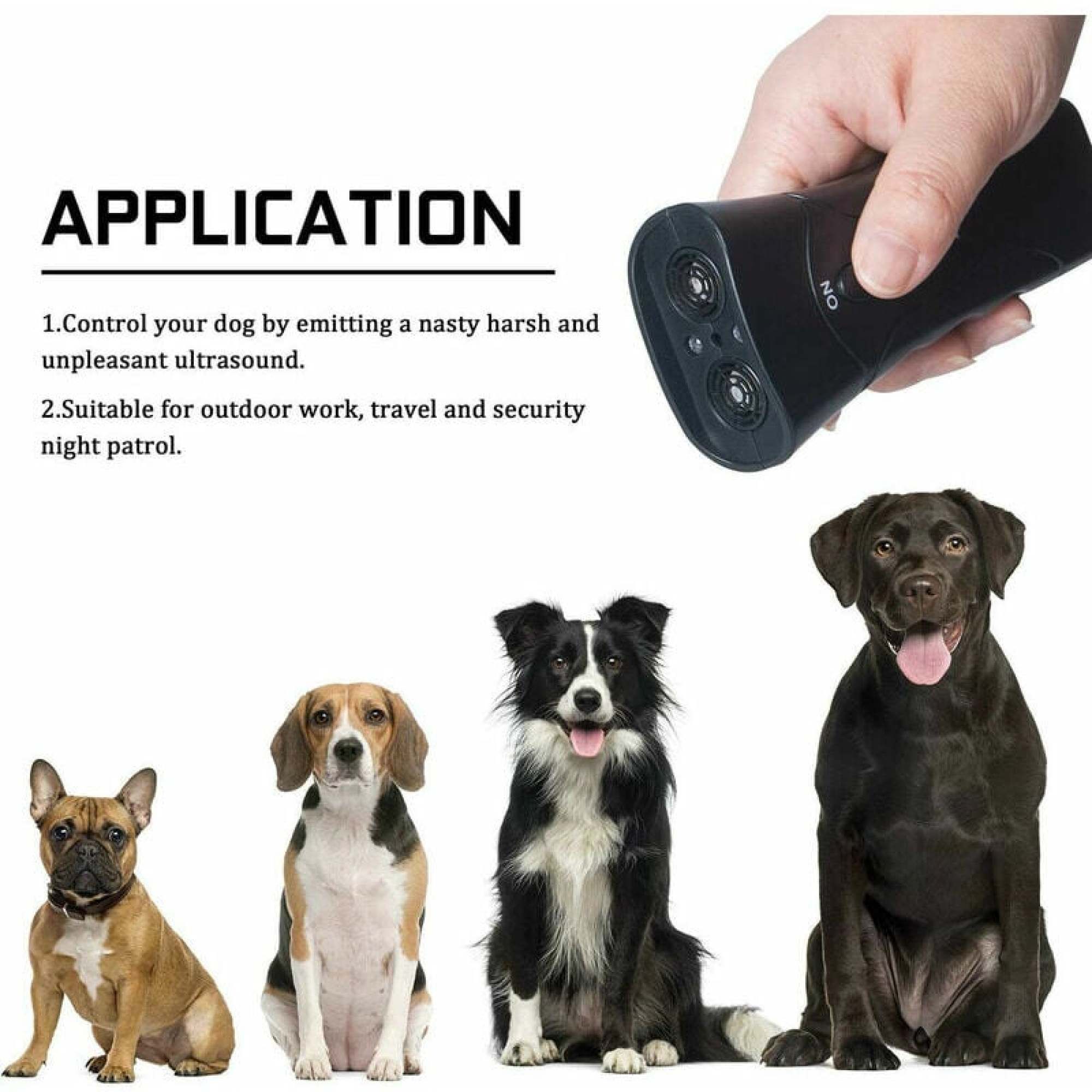 Text über die Anwendung eines schwarzen Geräts und Hunde, die sitzen.