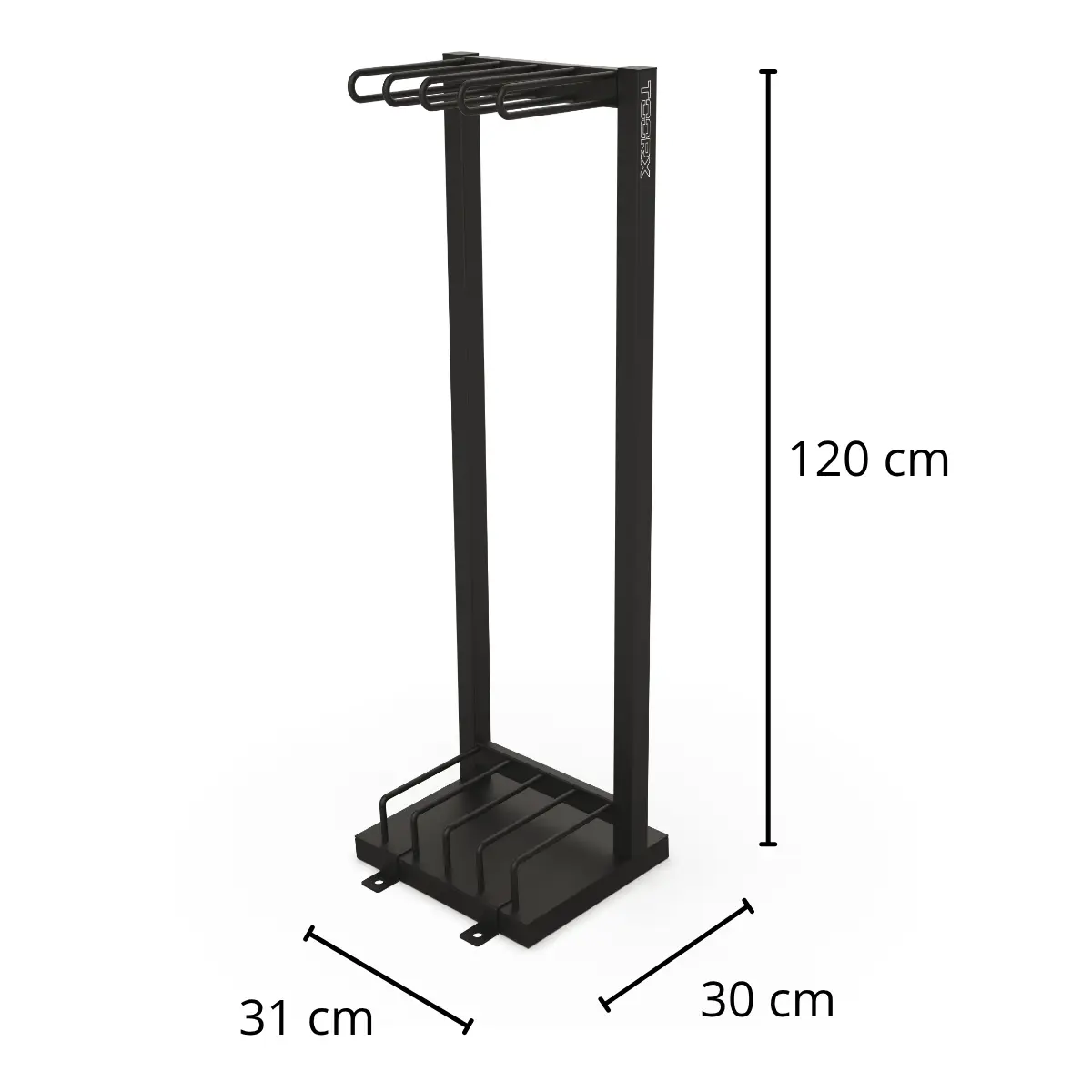 A black metal stand with hooks for hanging clothes and a base for shoes, with dimensions indicated.